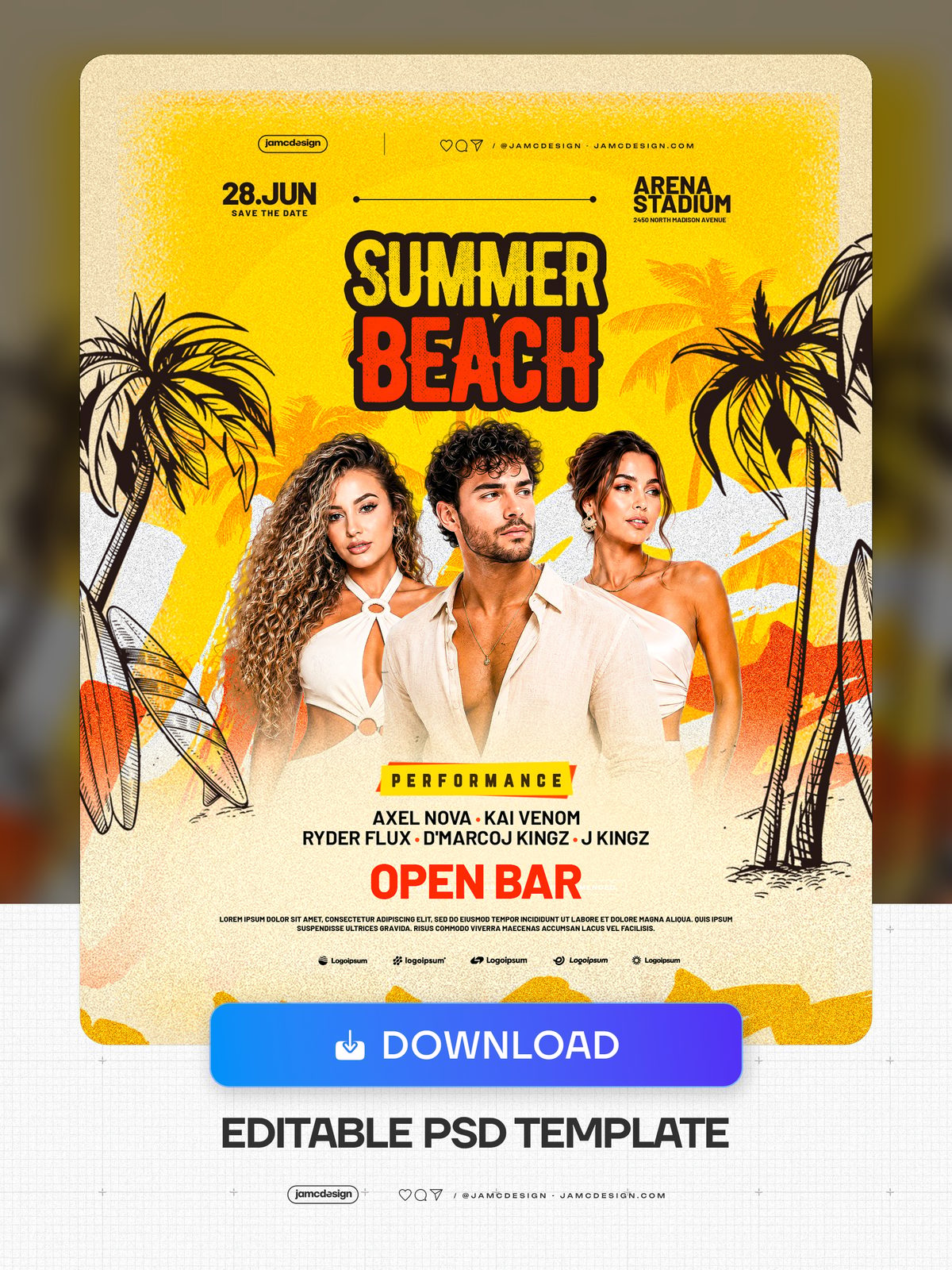 Plantilla De Flyer Diseño Playa De Verano PSD Editable. Plantilla de PSD editable para un flyer de evento de verano en la playa, con fondo amarillo y naranja — Vista previa adicional
