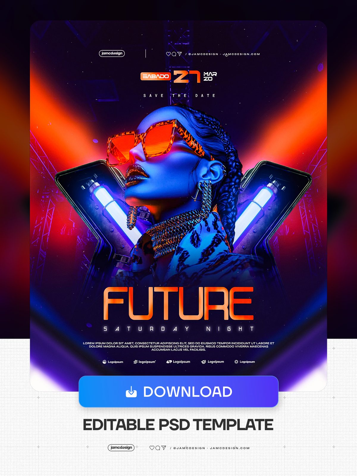 Plantilla De Flyer Diseño Fiesta Noche Futurista PSD Editable. Plantilla PSD editable para un flyer de fiesta de noche de sábado con una mujer de tono azul — Vista previa adicional
