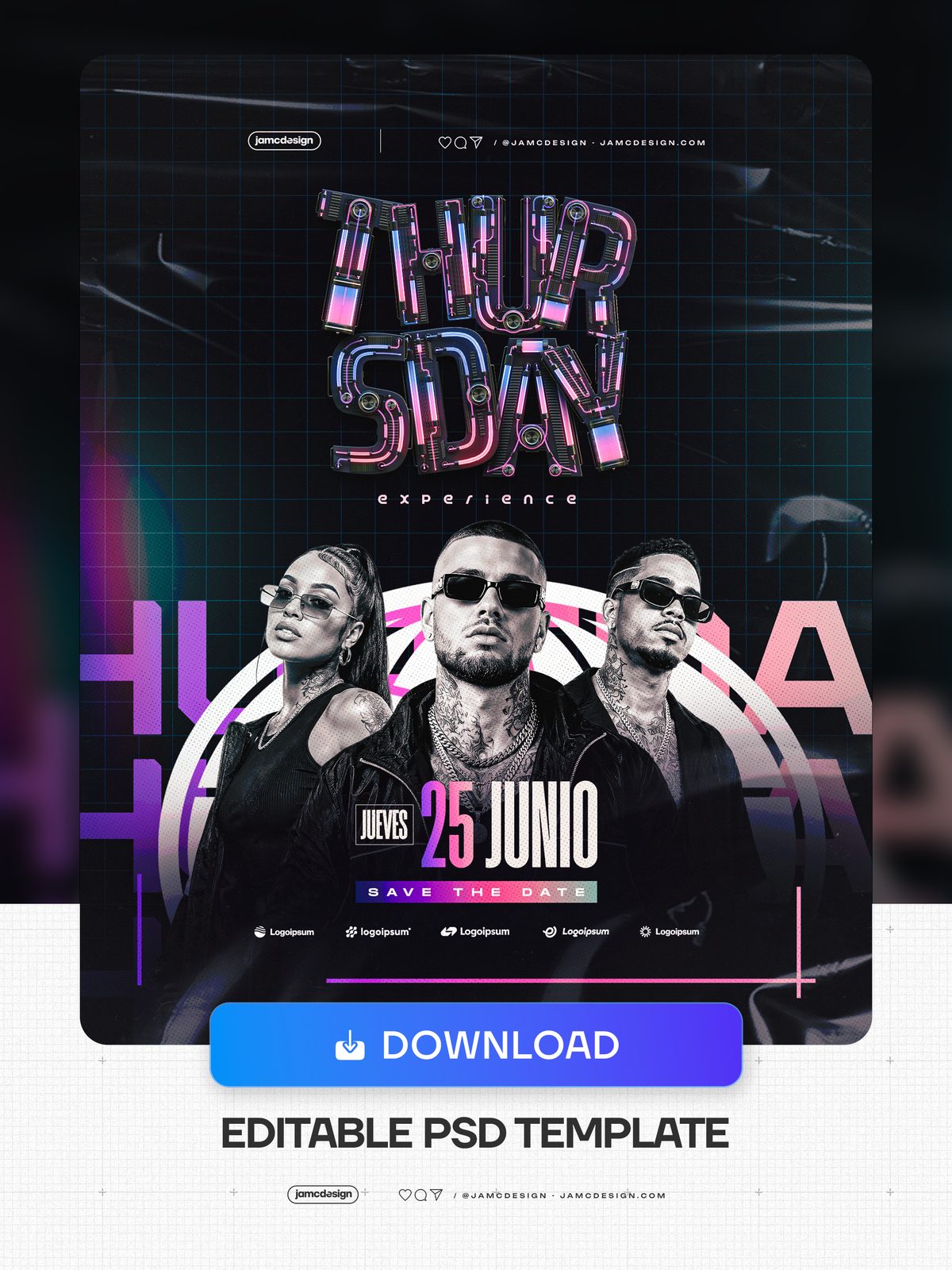 Plantilla De Flyer Experiencia De Jueves PSD Editable. Plantilla de flyer PSD editable para un evento de experiencia de jueves, con fondo oscuro cuadriculado — Vista previa adicional