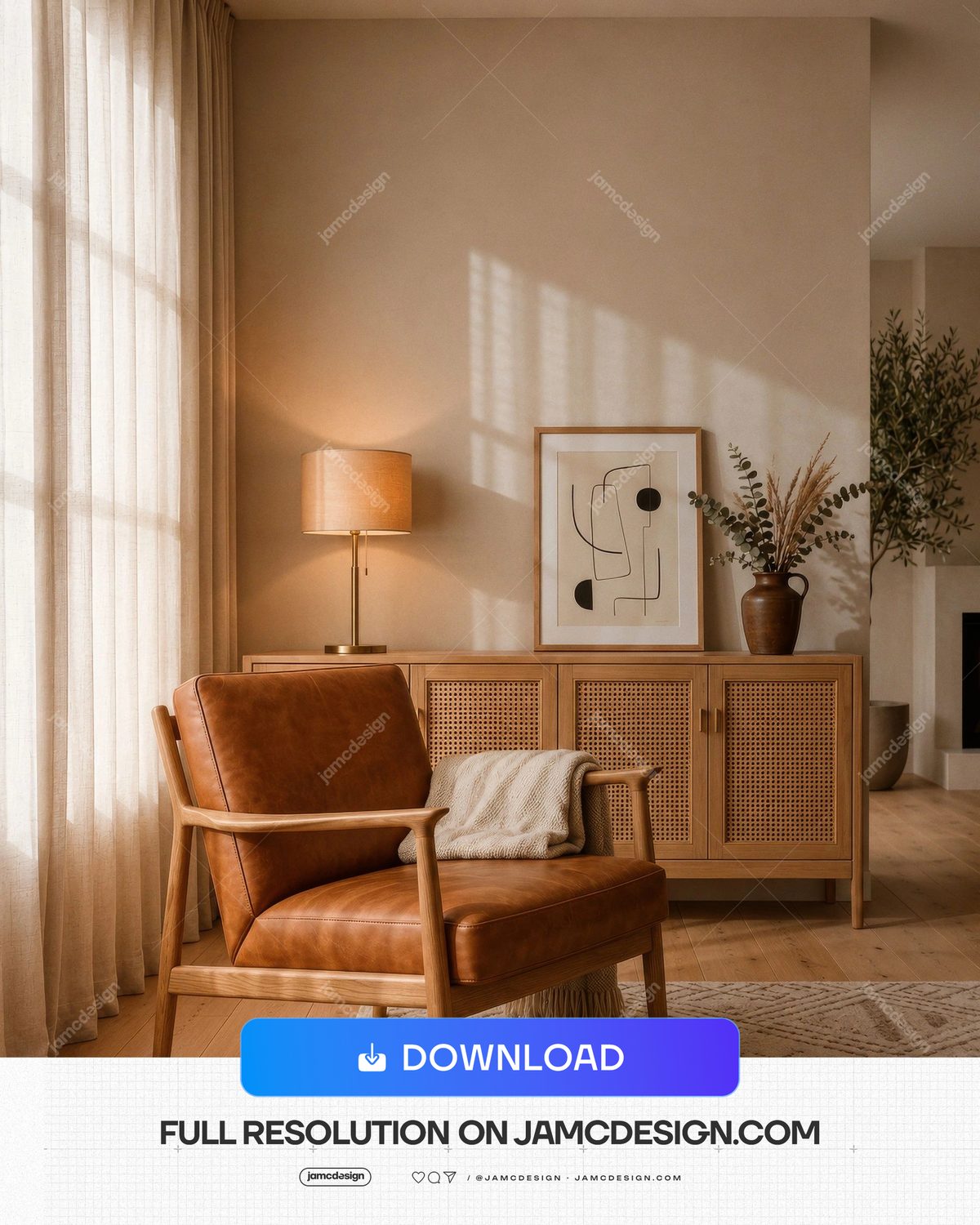Cozy Warm Living Room Interior With Leather Armchair. Cozy living room interior photo supplied as a JPG, showing a brown leather armchair — Additional preview