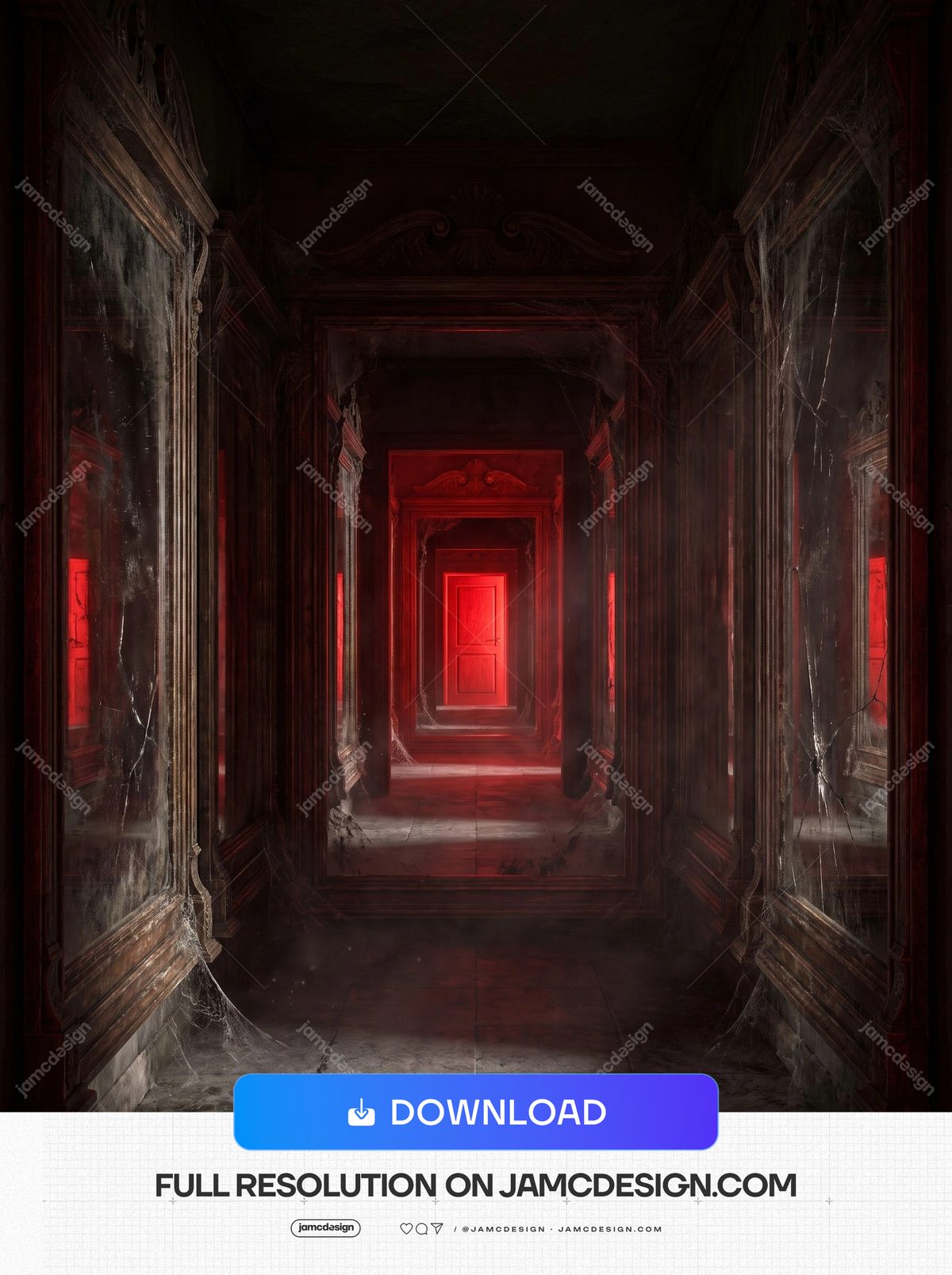 Haunted Mirror Corridor Red Door Dark Wall Panels Background. JPG background showing a haunted architectural corridor with repeating reflective wall — Additional preview