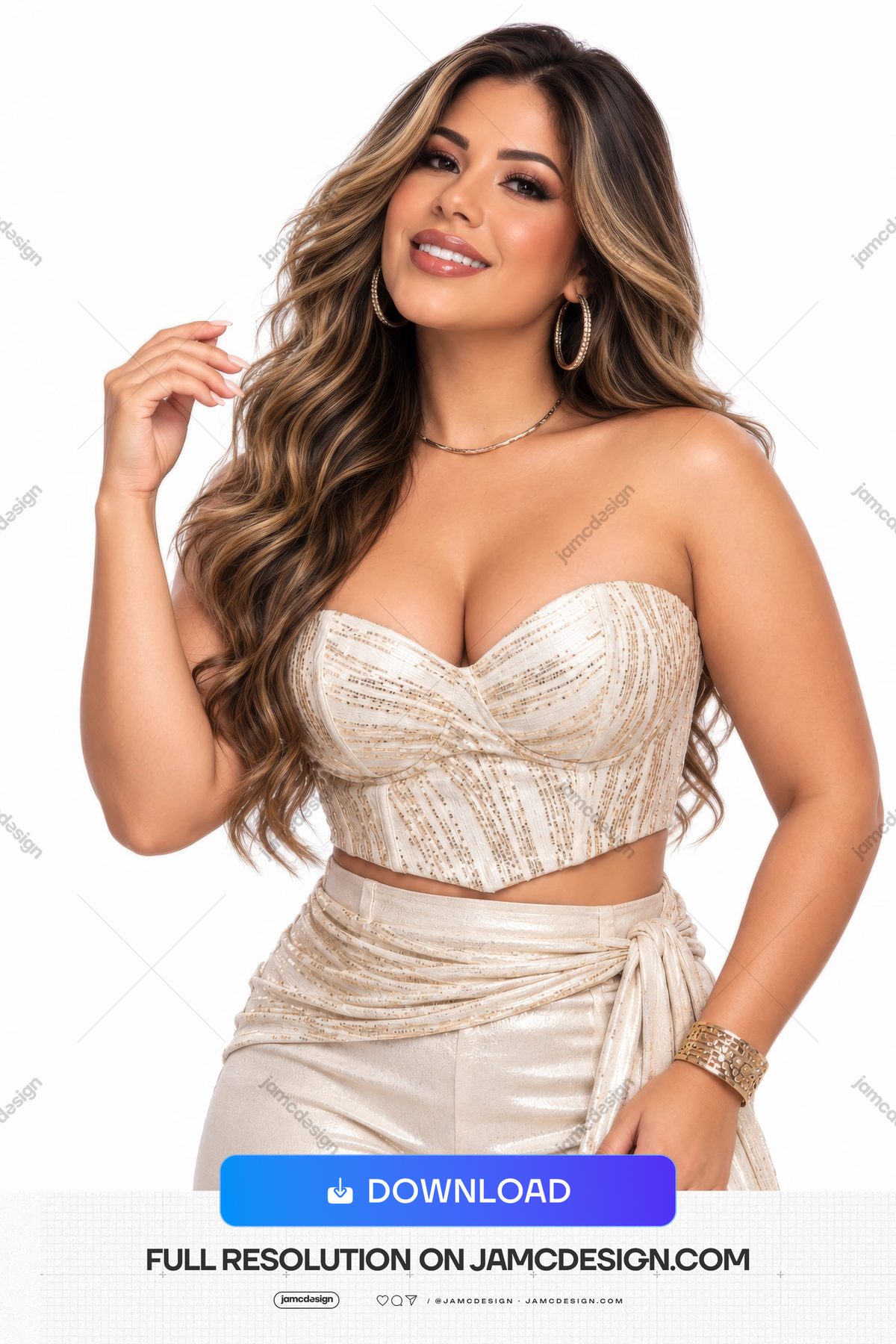 Smiling Woman In Gold Evening Outfit Studio Portrait PNG. This PNG studio photo shows a smiling woman in a champagne gold evening outfit against a white — Additional preview