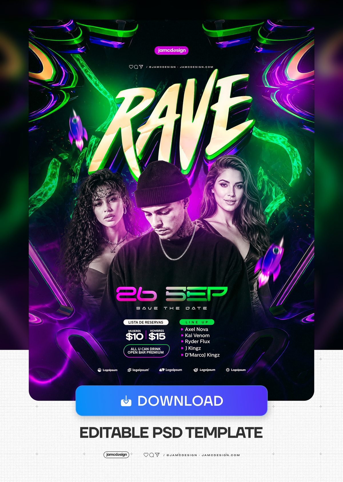 Rave Party Green Neon Figures Flyer PSD. Editable PSD template for a rave party event flyer, featuring three fashion styled figures beneath bold display — Additional preview