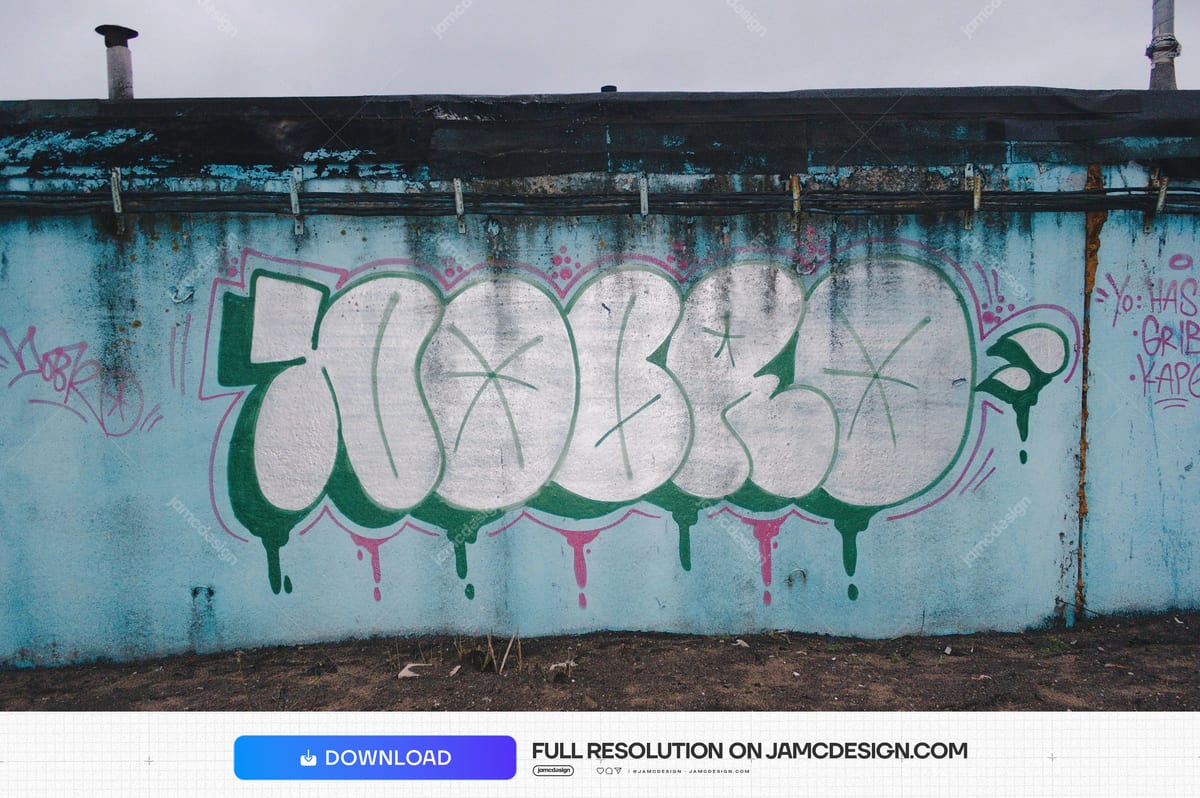 Teal Wall Texture With Silver Graffiti. Download this JPG texture showing a weathered urban wall covered in large silver graffiti lettering — Additional preview