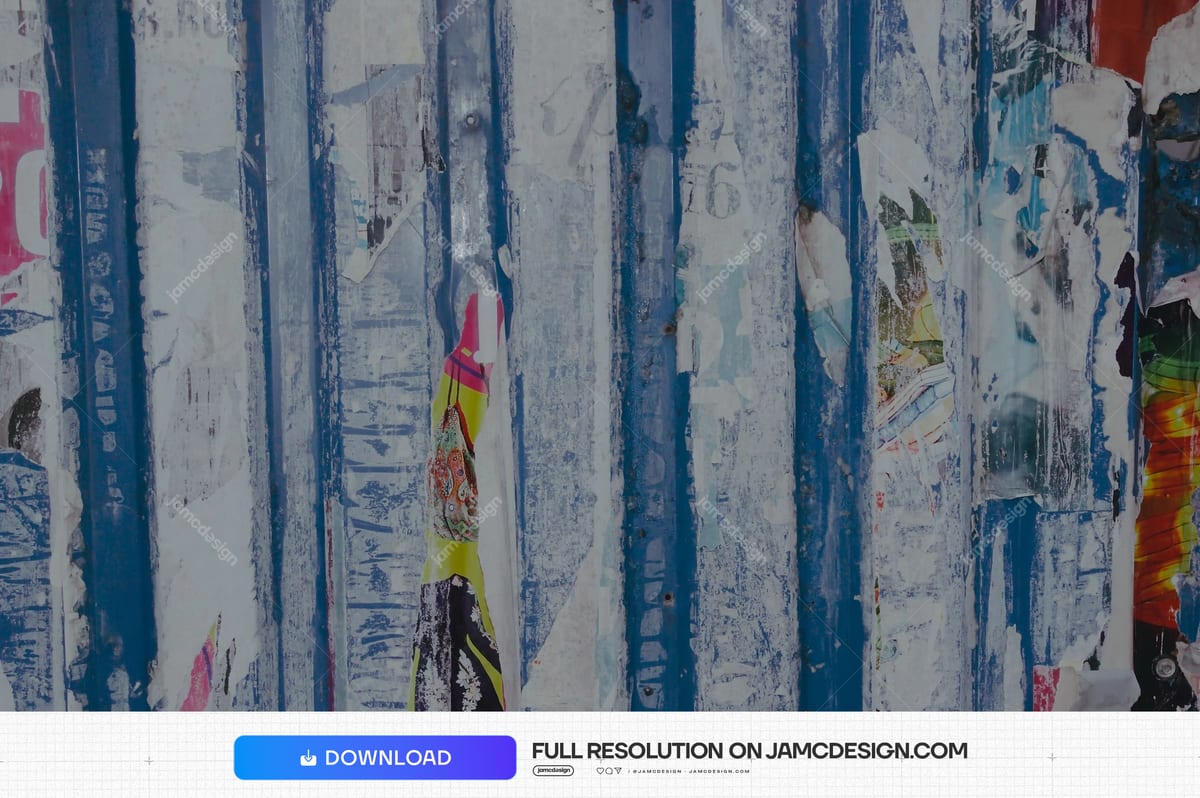 Distressed Wall Texture With Torn Paper Strips. This JPG texture shows a distressed wall layered with torn paper strips and blue painted lines — Additional preview