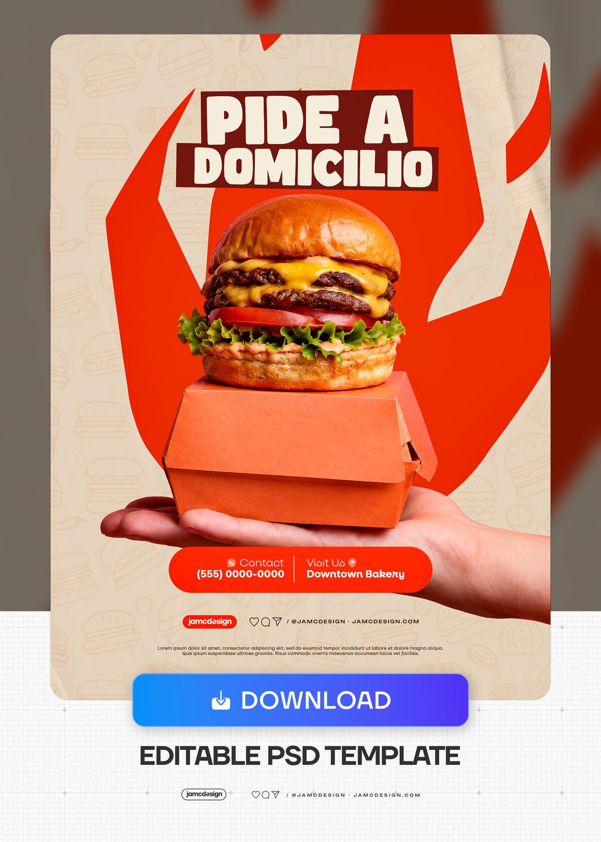 Plantilla De Flyer De Entrega De Hamburguesas Con Caja Roja Para Llevar PSD. Plantilla PSD editable para redes sociales destinada a la promoción de entrega — Vista previa adicional