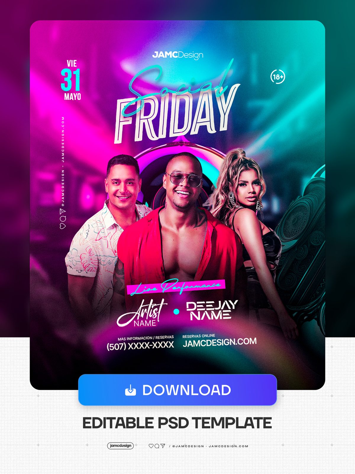 Social Friday Flyer Template PSD. Editable PSD template for a Social Friday flyer with three models posing together in a dark nightclub interior — Additional preview