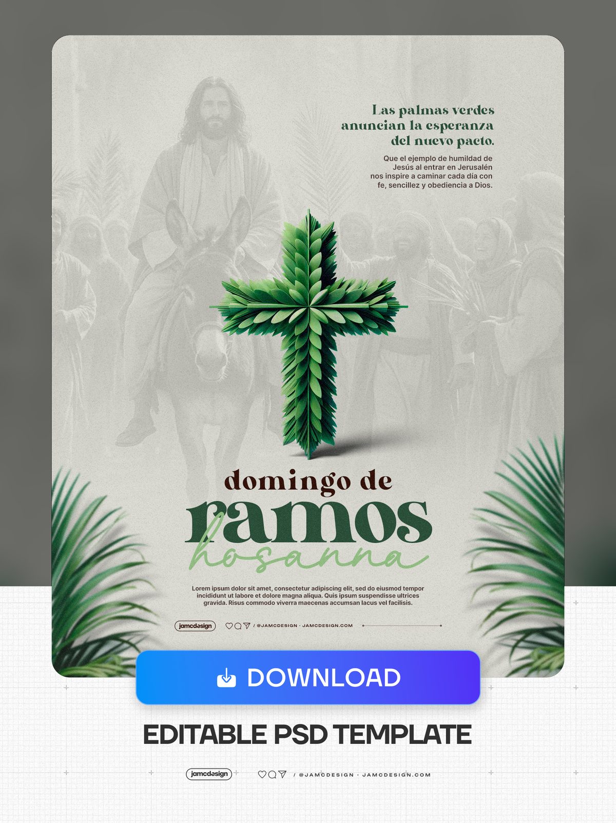 Domingo De Ramos Flyer Template PSD Editable. Editable PSD template for a religious event flyer with a green palm cross — Additional preview