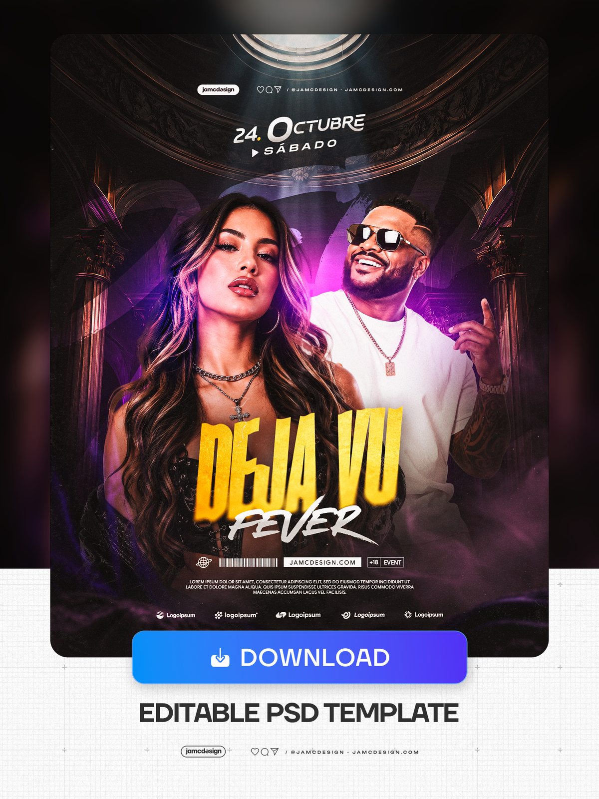 Deja Vu Fever Event Flyer Template PSD. Download this editable PSD event flyer featuring a woman and man framed by an ornate interior, purple glow — Additional preview
