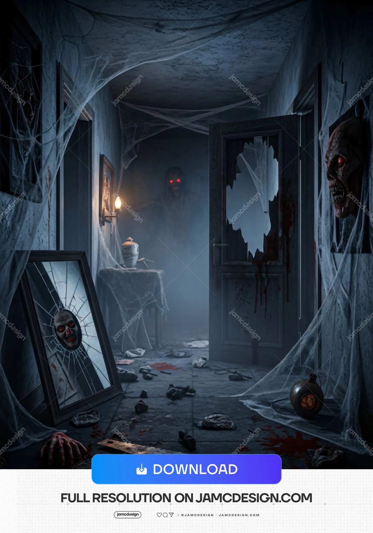 Abandoned Haunted Room Open Door Broken Mirror Horror Background. JPG background showing an abandoned haunted room with an open door, shattered mirror — Additional preview