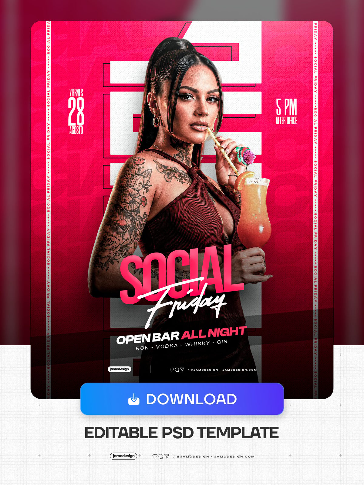 Plantilla De Flyer Para Redes Sociales De Evento De Viernes Social PSD Editable. Plantilla PSD editable para un flyer de evento after office con fondo rosa — Vista previa adicional