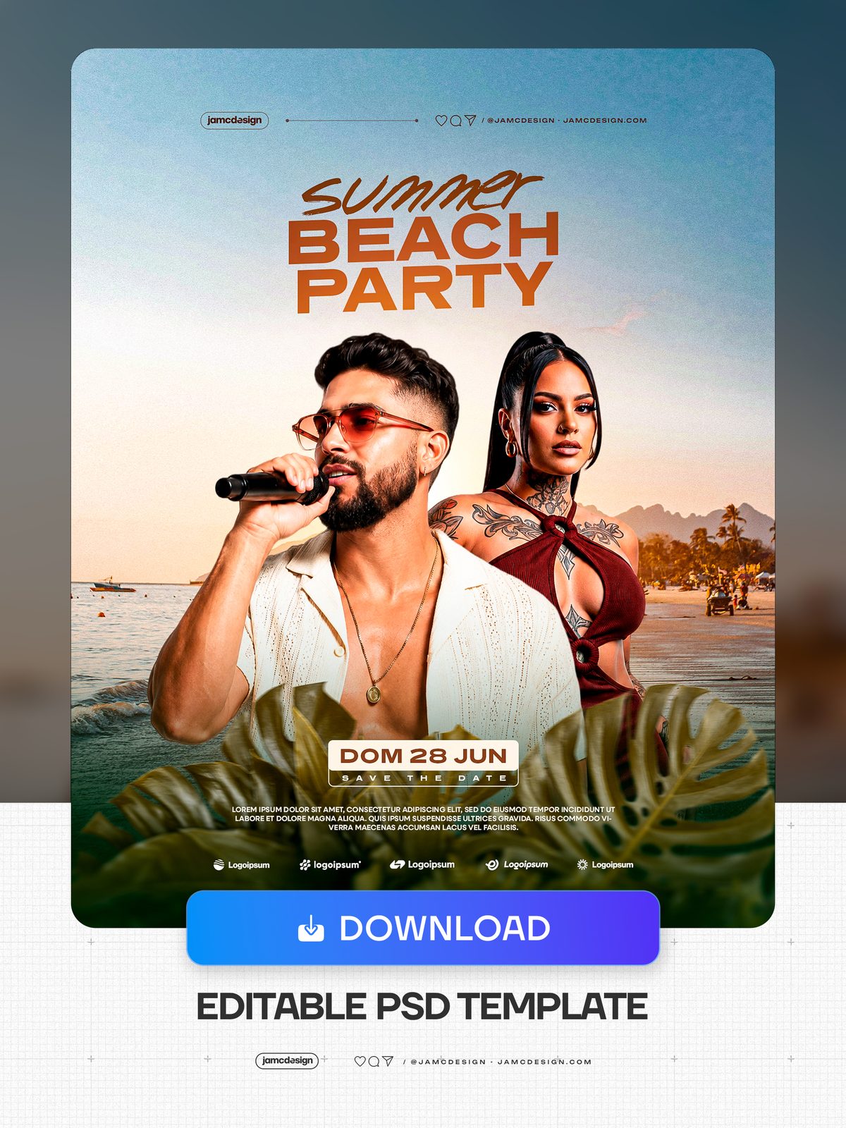 Summer Beach Party Flyer Design Template PSD Editable. Editable PSD template for a summer beach party flyer with a man holding a microphone and a woman — Additional preview