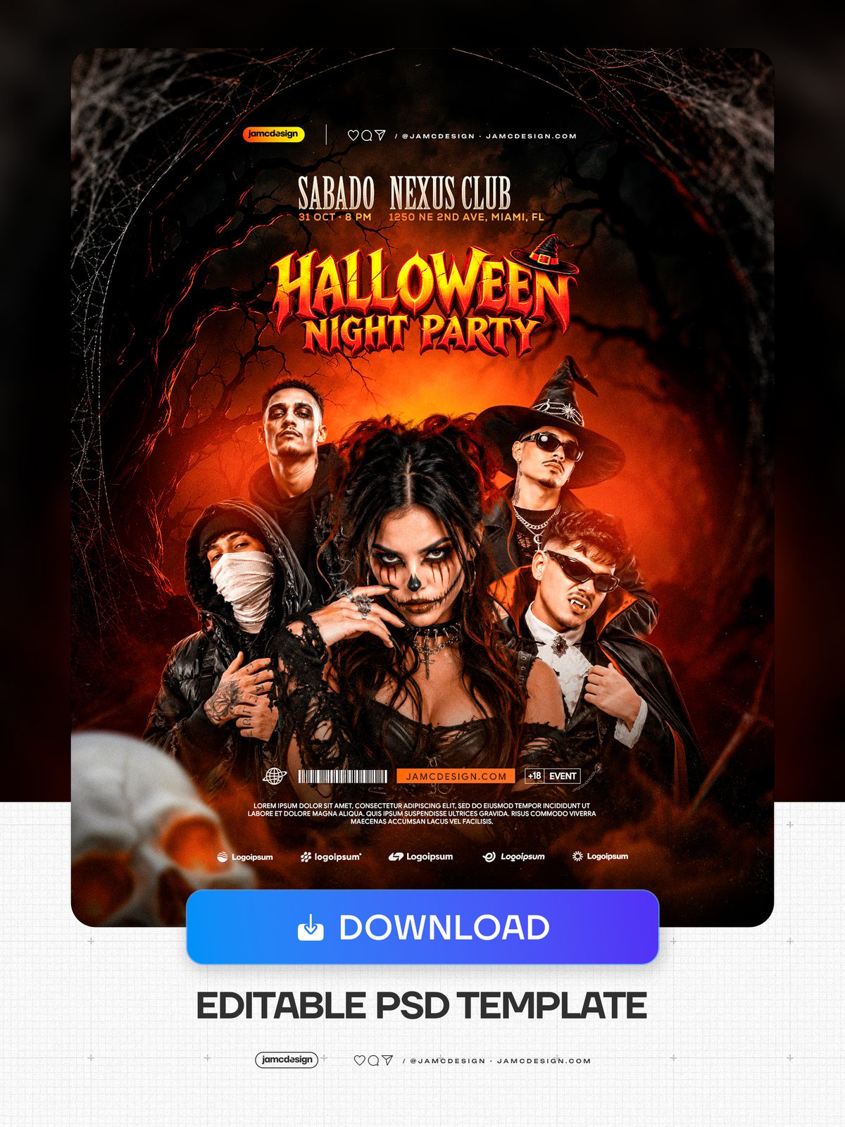 Costume Party Halloween Flyer Template PSD. This PSD event flyer presents a Halloween night party with costumed men and women against fiery orange and red — Additional preview