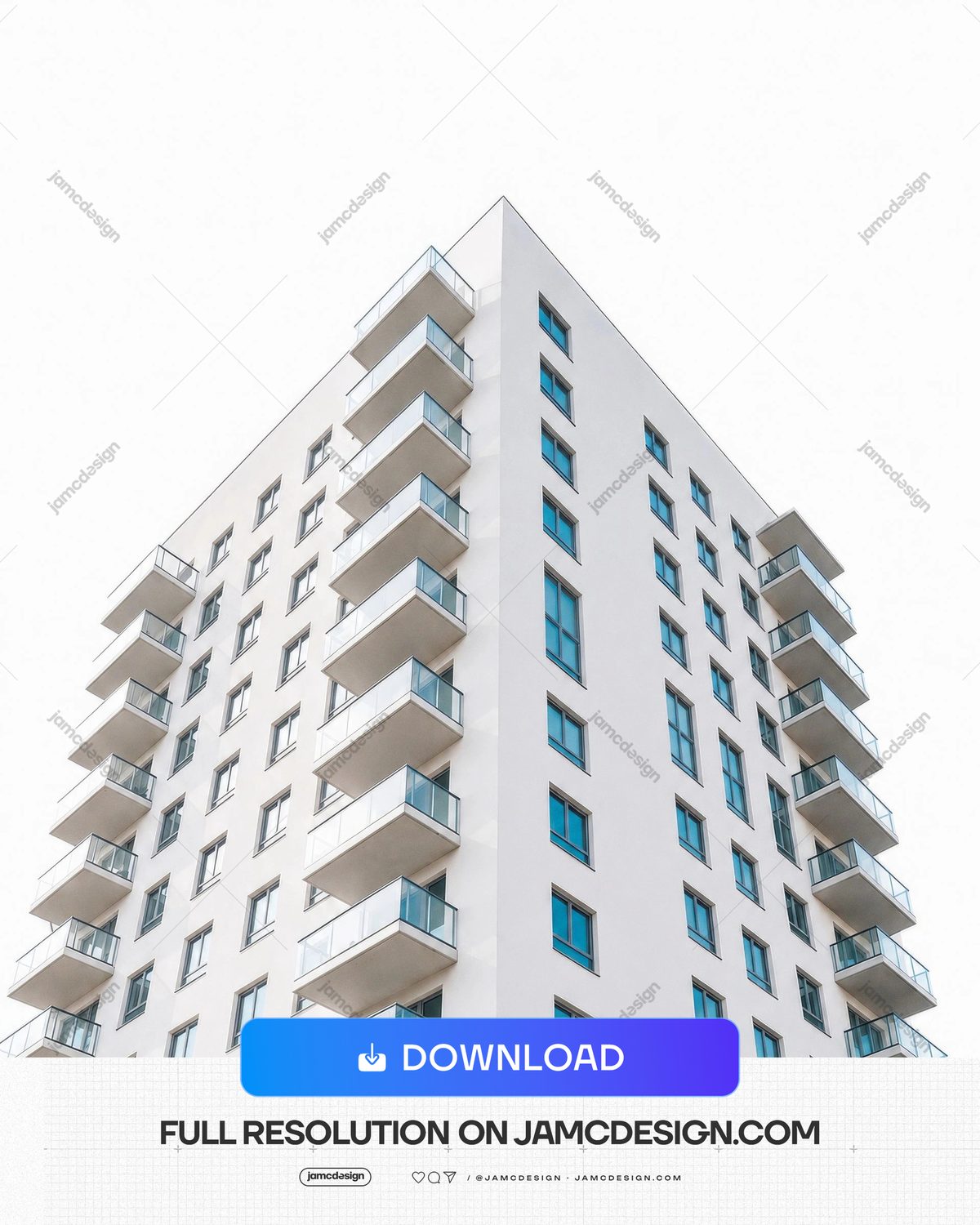 White Apartment Building Glass Balconies Exterior. Modern apartment building photo captured from a low angle against a bright sky — Additional preview