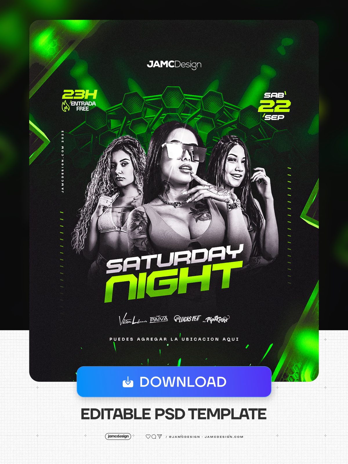 Saturday Night Flyer Template PSD. Editable PSD template for a Saturday night party event flyer with a dark composition — Additional preview