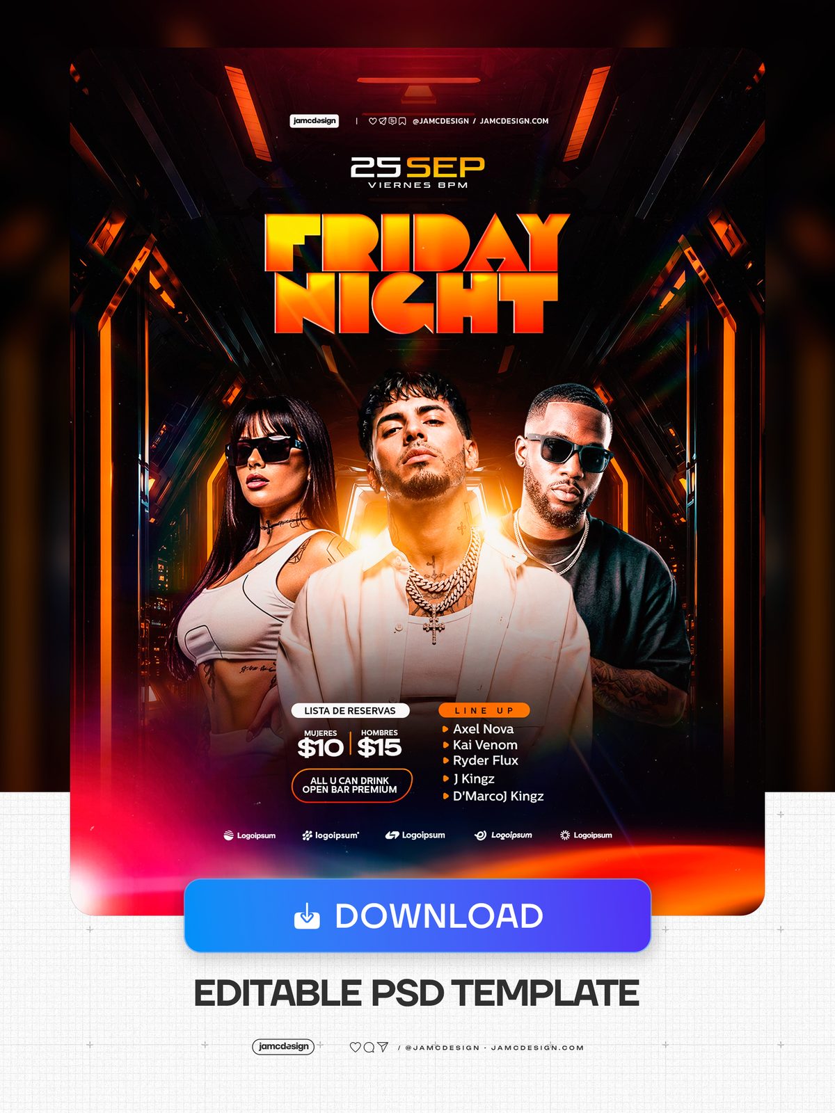 Friday Night Orange Trio Portraits Flyer Template PSD. Editable PSD event flyer template for a Friday night party — Additional preview