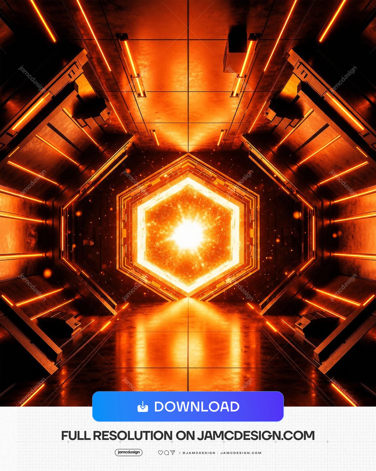 Futuristic Orange Sci-Fi Corridor Background. Sci-fi JPG background of a hexagonal orange corridor with metallic panel walls — Additional preview