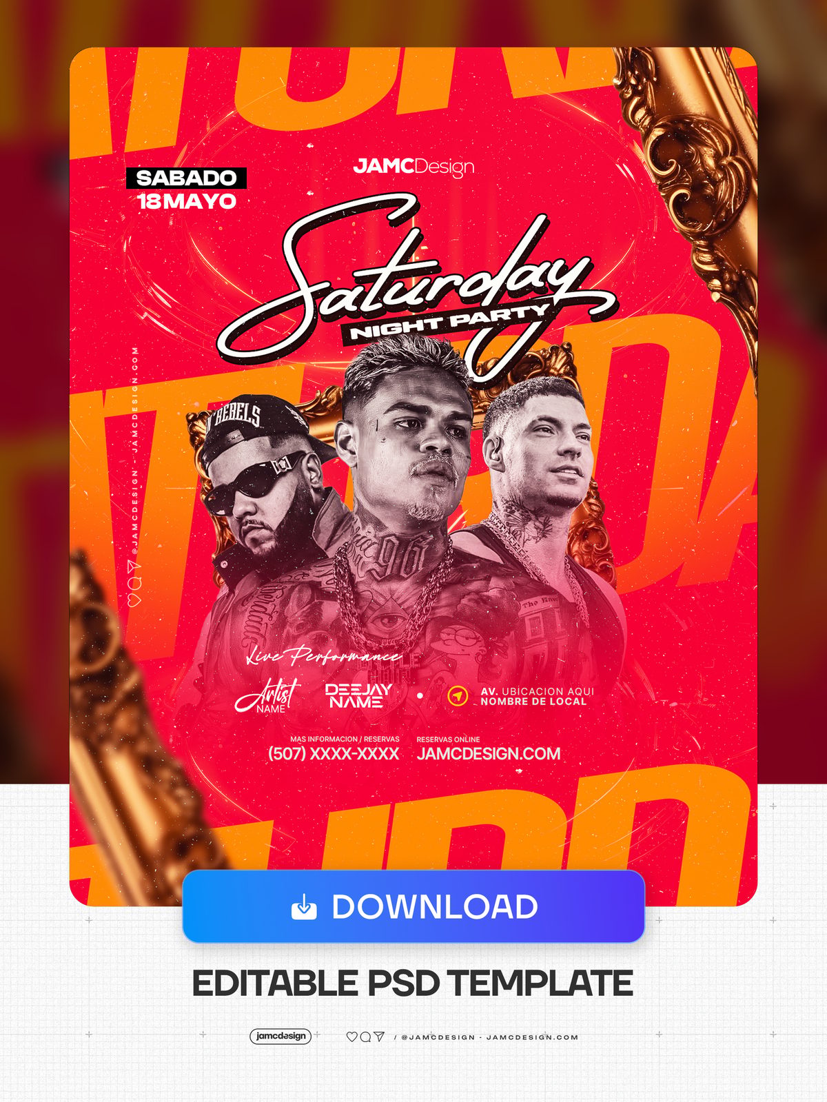 Saturday Night Party Flyer Template PSD. Editable PSD flyer template for a Saturday night party, built around three male portraits framed by gold baroque — Additional preview
