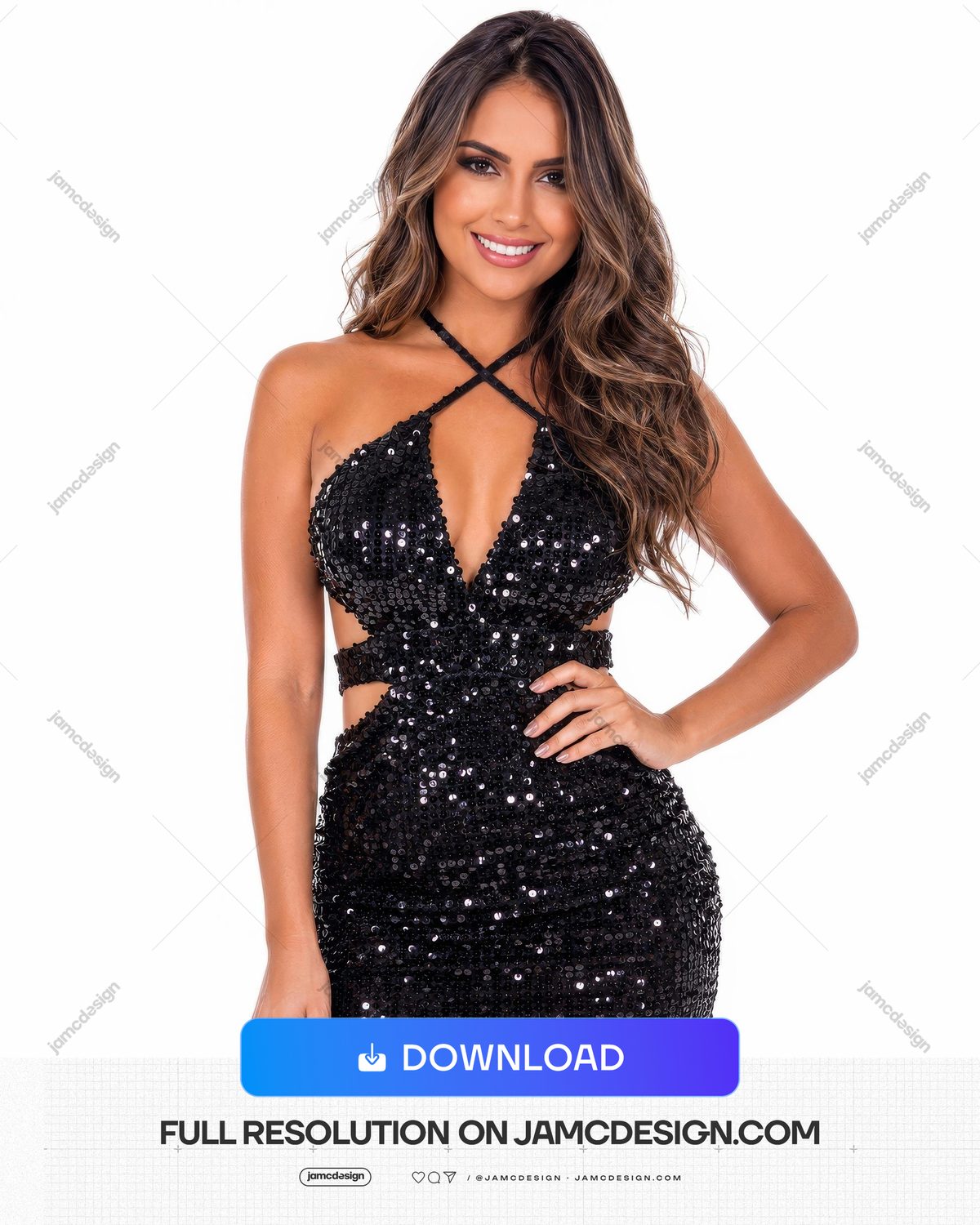 Photo Portrait De Studio D’Une Femme En Tenue Noire À Sequins JPG. Photo JPG réaliste d’une femme souriante posant dans une tenue noire à sequins sur un fond — Aperçu supplémentaire