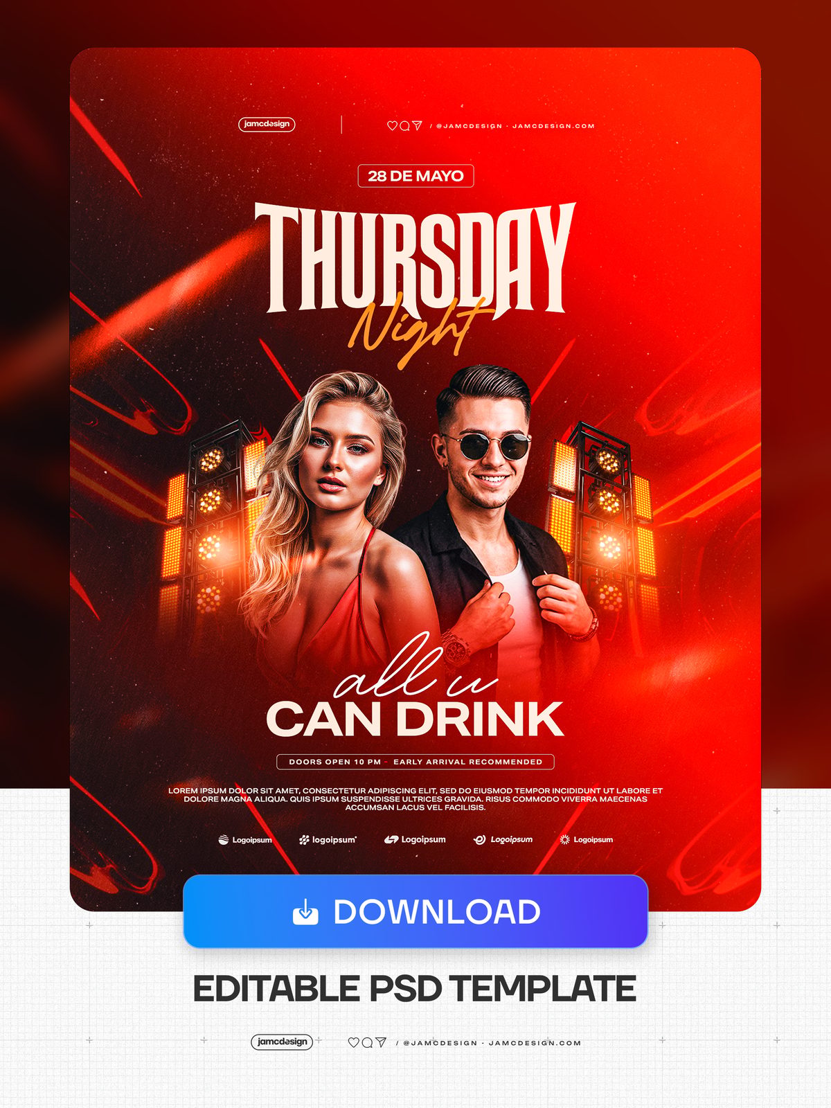 Thursday Night Flyer Template PSD Editable. Editable PSD template for a Thursday night event flyer with a bold red and dark aesthetic — Additional preview