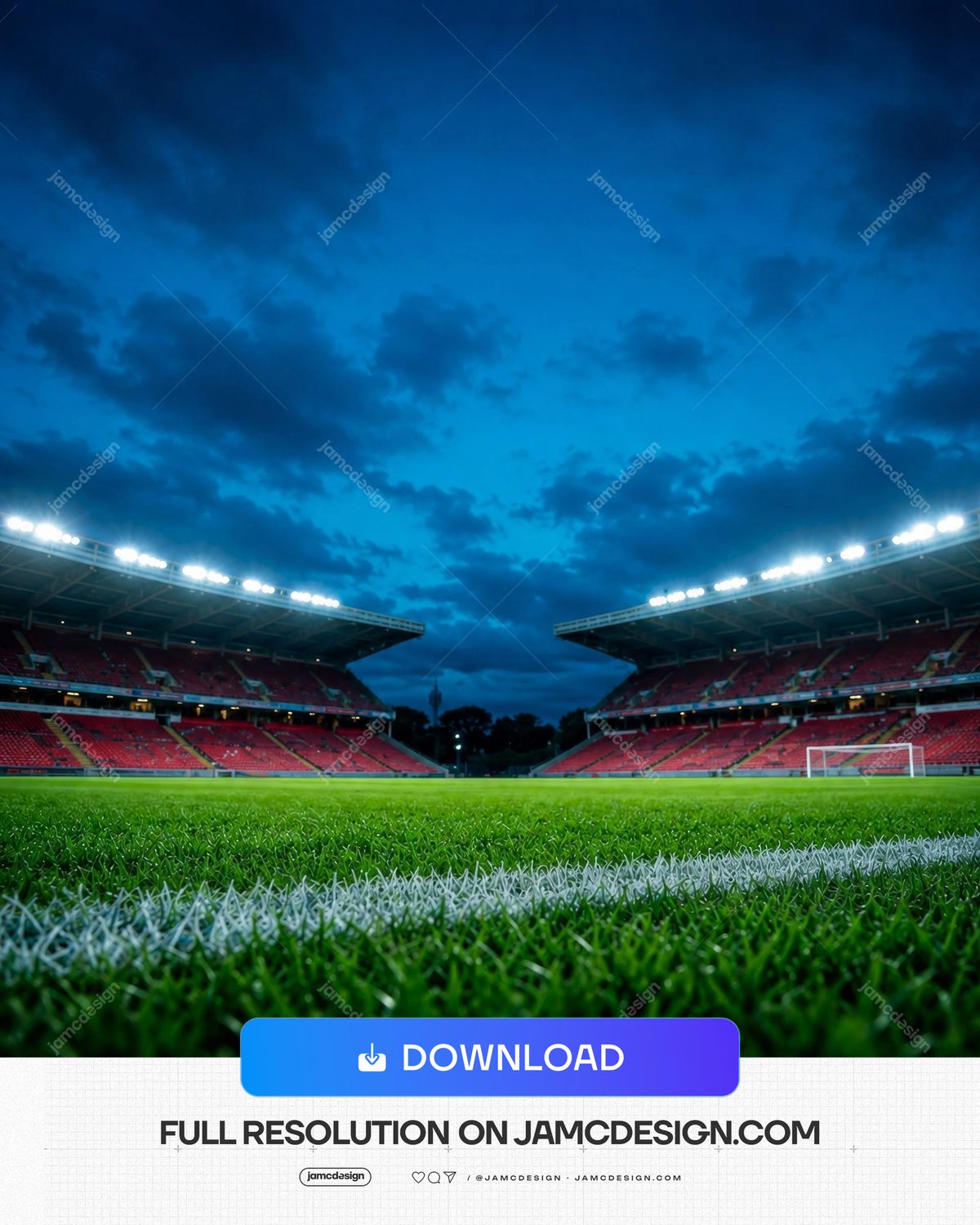 Fundo De Campo De Estádio De Futebol Noturno. Fundo em JPG mostrando um estádio de futebol vazio e um campo verde demarcado sob um céu noturno azul-escuro — Prévia adicional