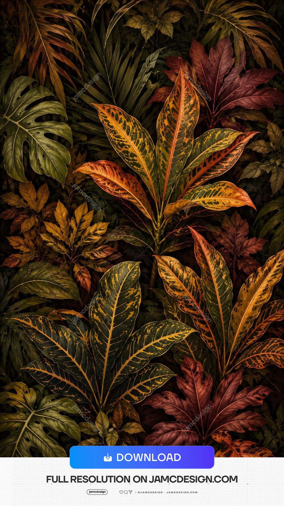 Autumn Tropical Croton Leaves Botanical Background. JPG botanical background of densely layered tropical croton leaves in autumnal shades of orange — Additional preview