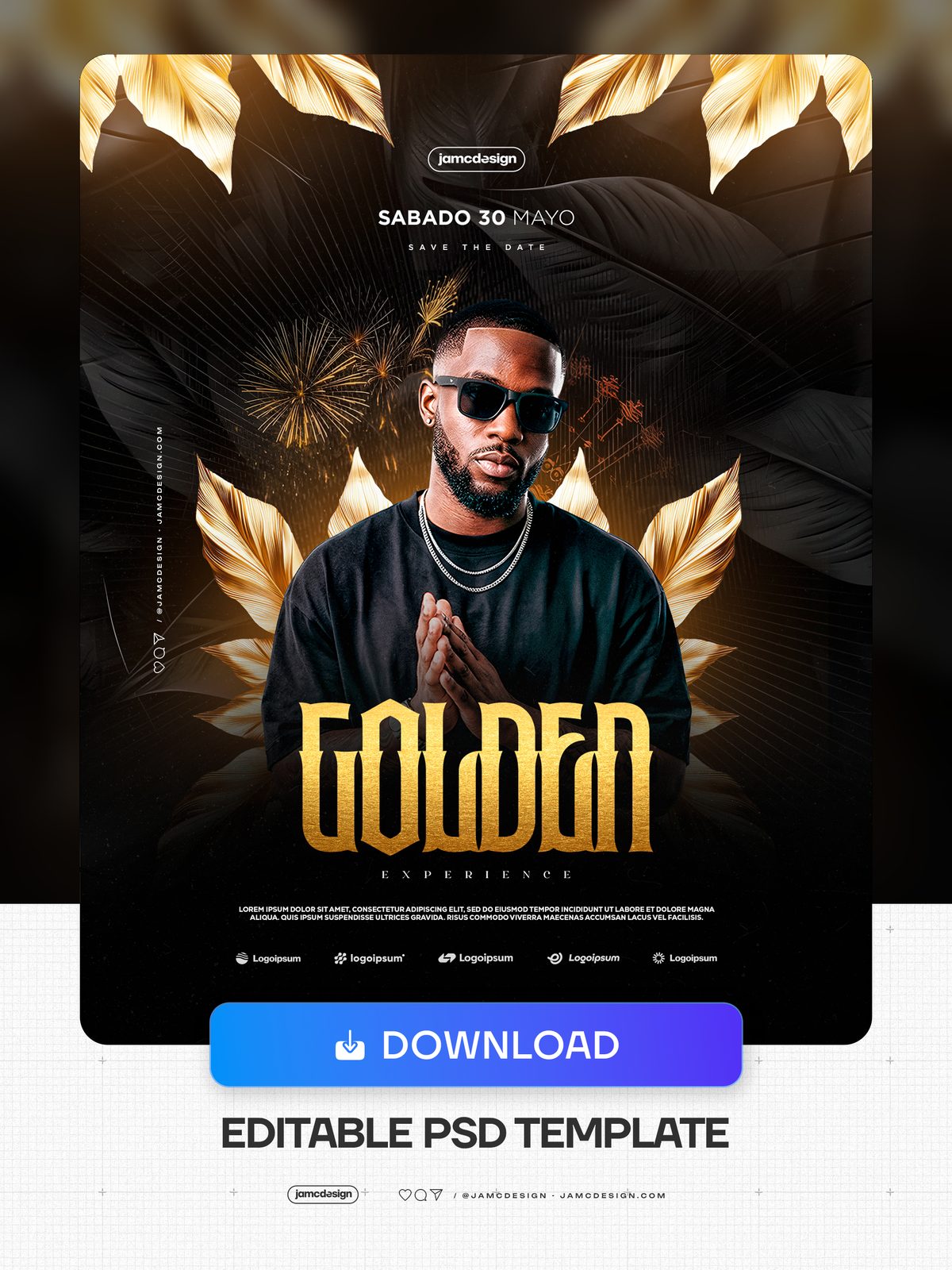 Modelo De Flyer Golden Experience Com Folhas Douradas PSD. Modelo de flyer PSD editável para um evento noturno, com um homem de óculos escuros e correntes — Prévia adicional