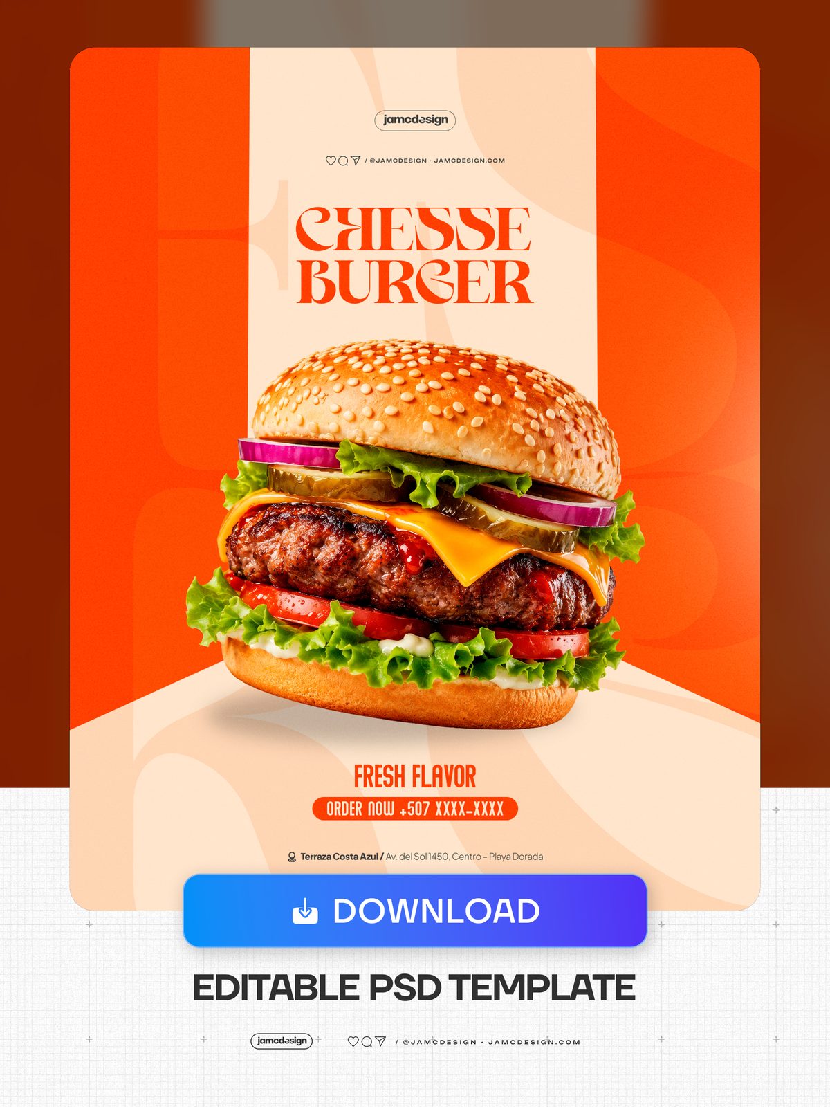 Cheese Burger Promotion Flyer Template PSD Editable. Editable PSD template for a cheese burger promotional flyer — Additional preview