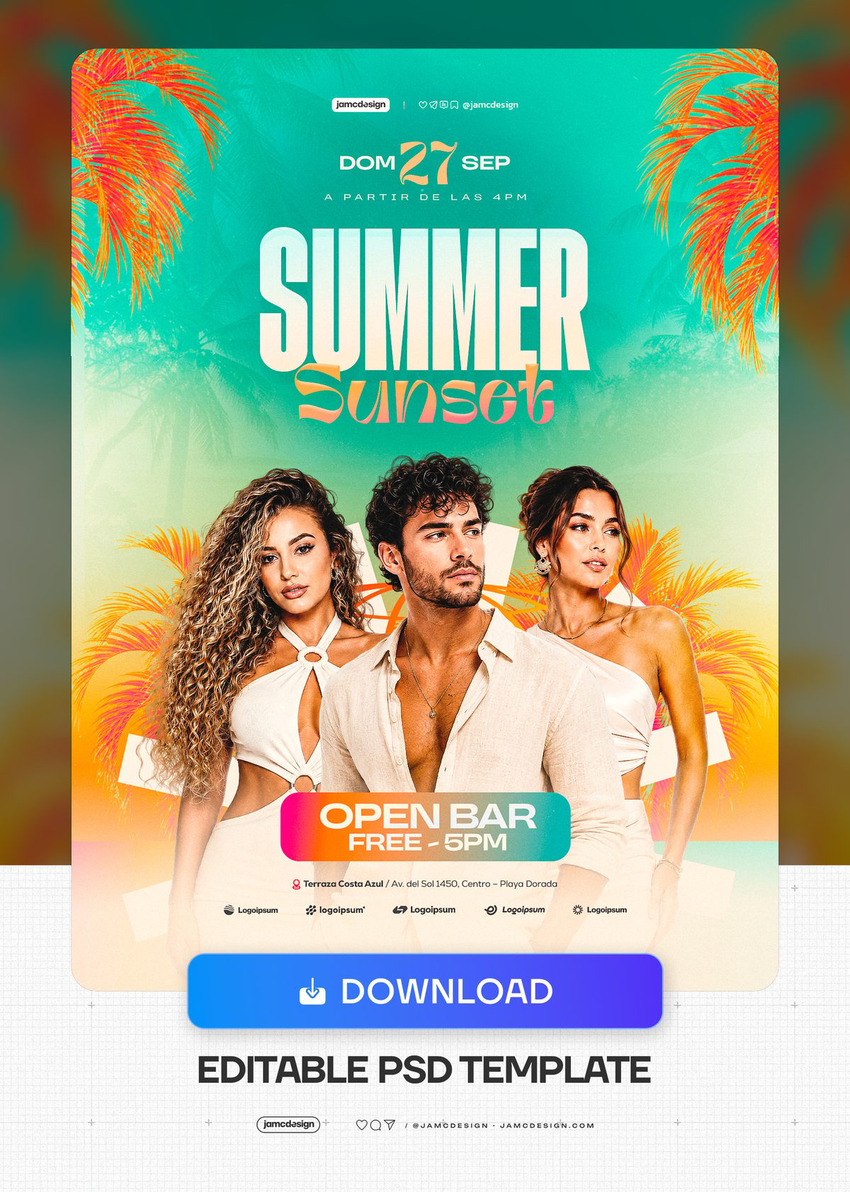 Summer Sunset Event Flyer Template PSD. Download this editable PSD event flyer for a summer sunset gathering, featuring three fashion models, palm fronds — Additional preview