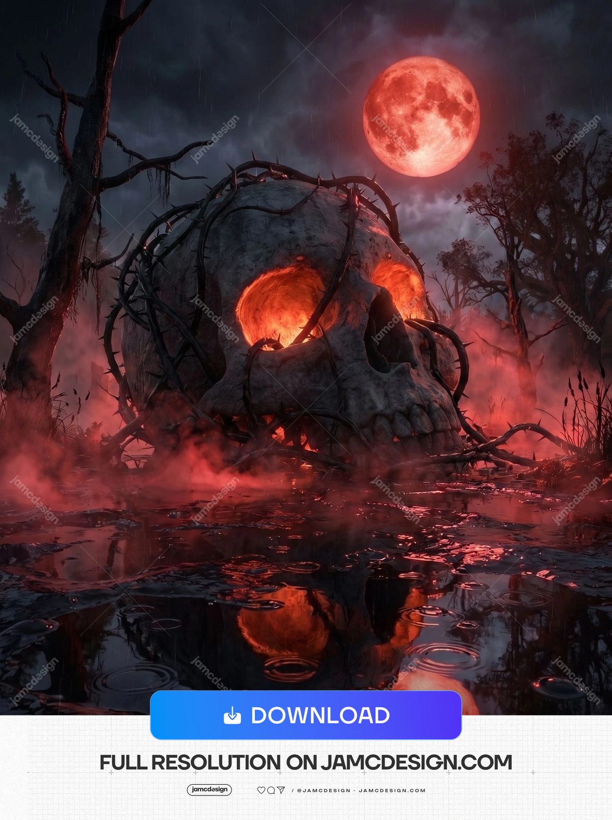 Giant Skull Red Moon Swamp Crimson Fog Background. Dark fantasy background supplied as a JPG, showing a giant skull wrapped in thorny branches beneath — Additional preview