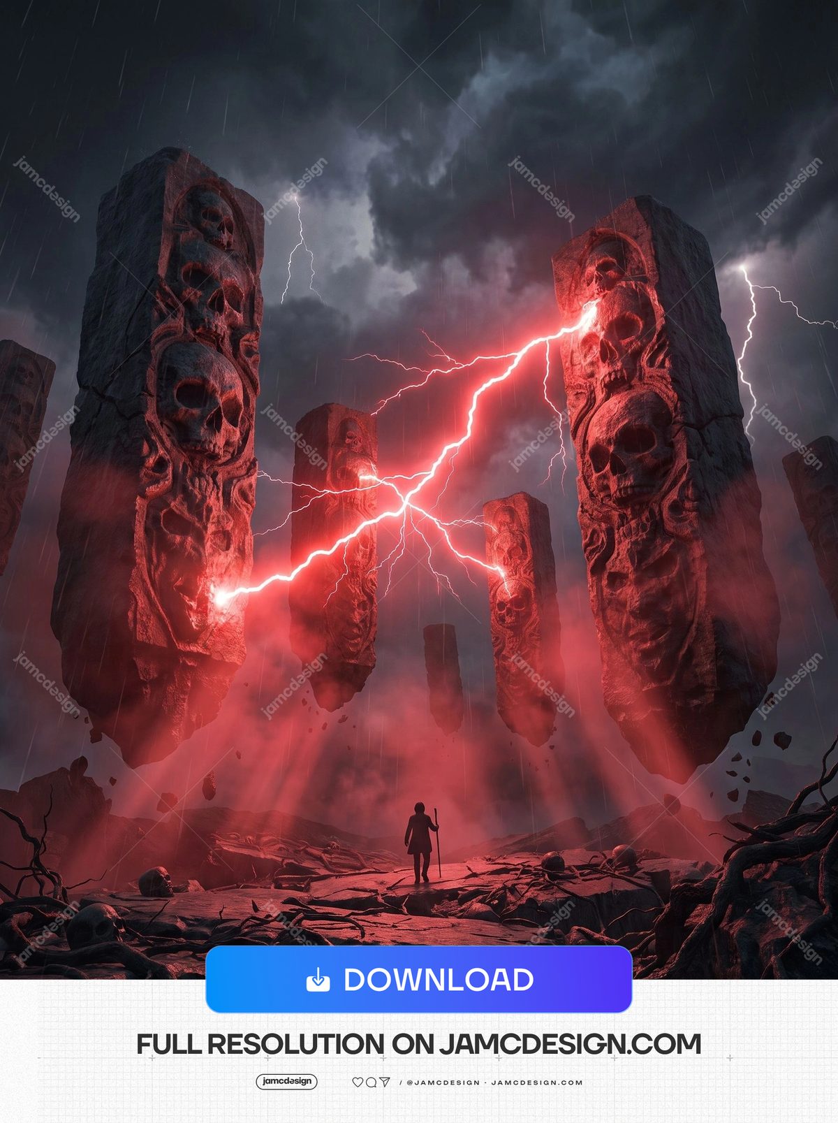 Floating Dark Fantasy Red Skull Monoliths Background. Dark fantasy JPG background showing carved skull monoliths floating above a ruined rocky ground — Additional preview