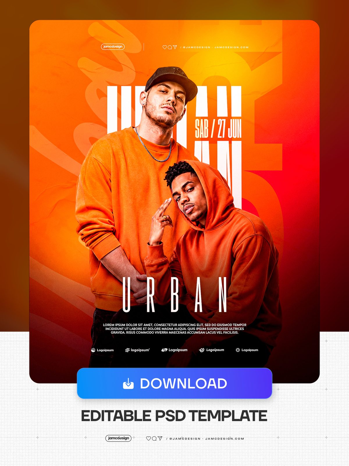 Urban Flyer Template PSD Editable. Editable PSD template for an urban night event flyer featuring two male portraits in orange sweatshirts set against — Additional preview