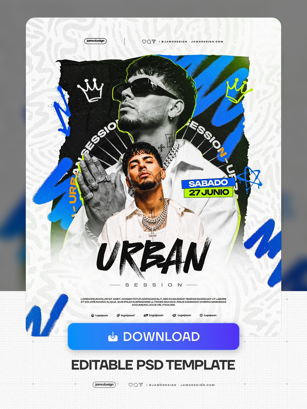 Modelo De Flyer Sessão Urbana PSD Editável. Modelo PSD editável para um flyer de evento musical com fundo texturizado branco — Prévia adicional