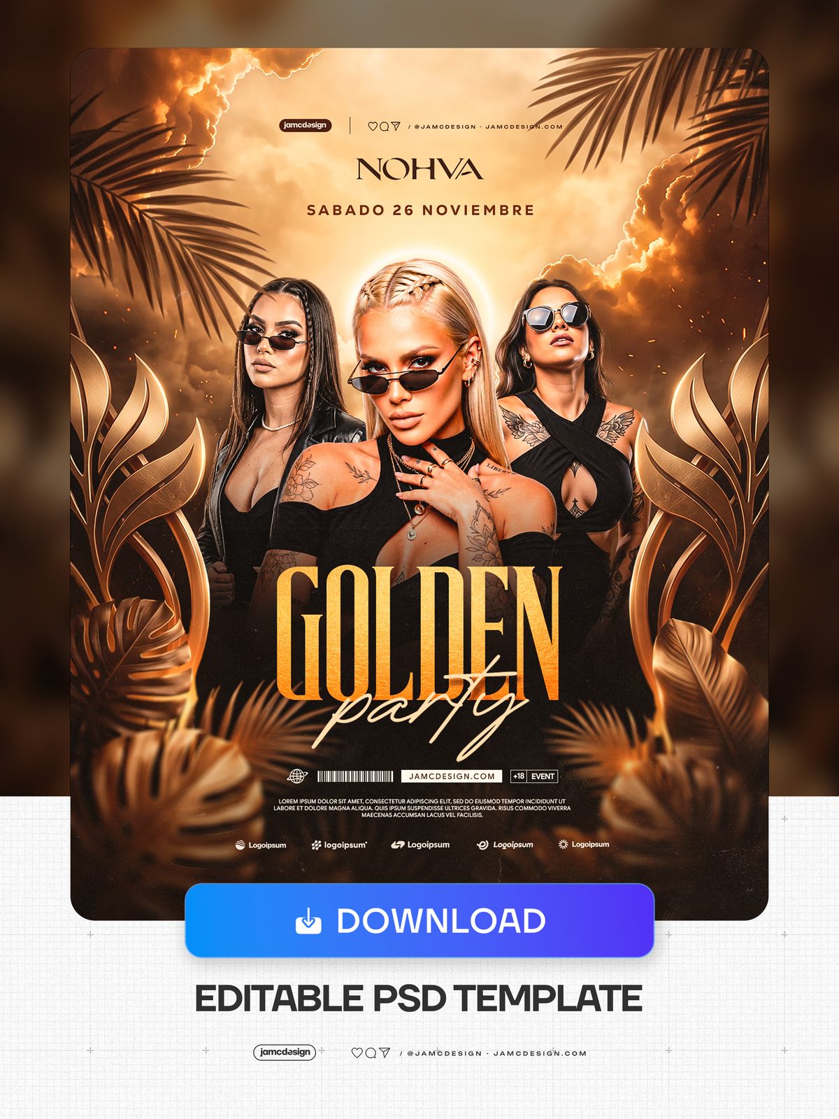 Plantilla De Flyer Golden Party Con Retratos PSD. Este flyer editable en PSD para eventos presenta a tres mujeres con gafas de sol — Vista previa adicional