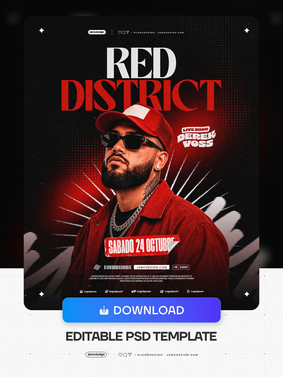 Modèle De Flyer De Spectacle En Direct Red District PSD. Téléchargez ce flyer événementiel PSD modifiable — Aperçu supplémentaire