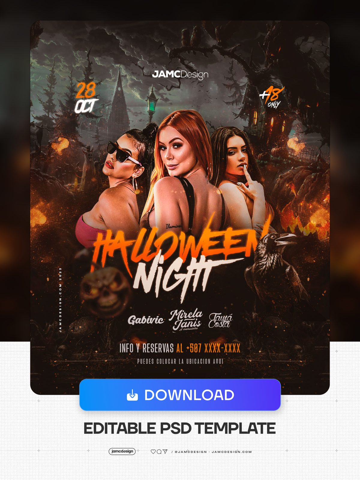 Halloween Night Flyer Template PSD. Editable PSD template for a Halloween Night event flyer featuring a dark gothic composition — Additional preview