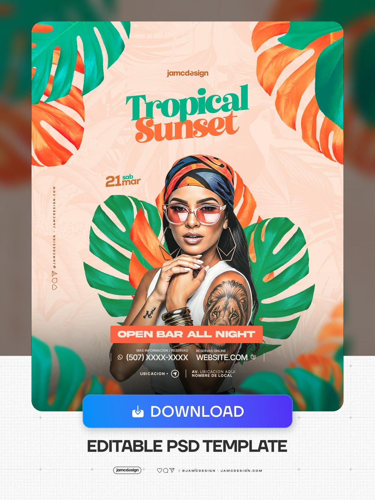 Tropical Sunset Flyer Template PSD. Editable PSD template for a tropical sunset event flyer featuring a woman in a colourful headwrap — Additional preview