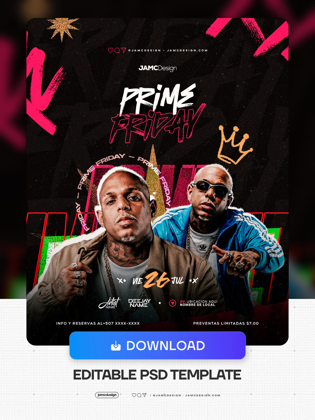 Prime Friday Flyer Template PSD. Editable PSD template for a Friday nightlife flyer, with a dark street-art composition in black, pink and green, gold accents — Additional preview