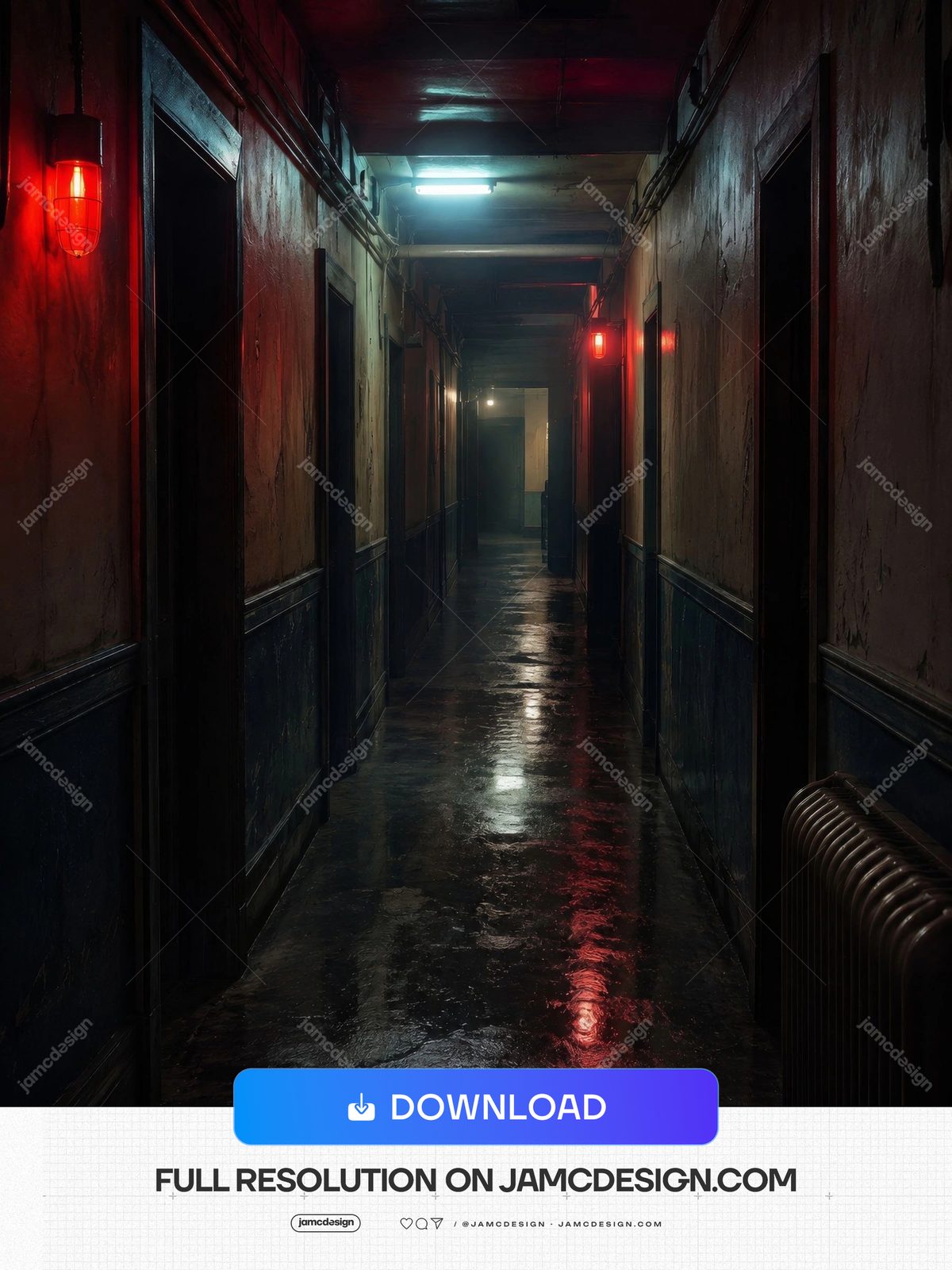 Abandoned Hotel Corridor Red Light Horror Background. JPG background depicting an abandoned hotel corridor with dark wood paneling, red wall lights — Additional preview