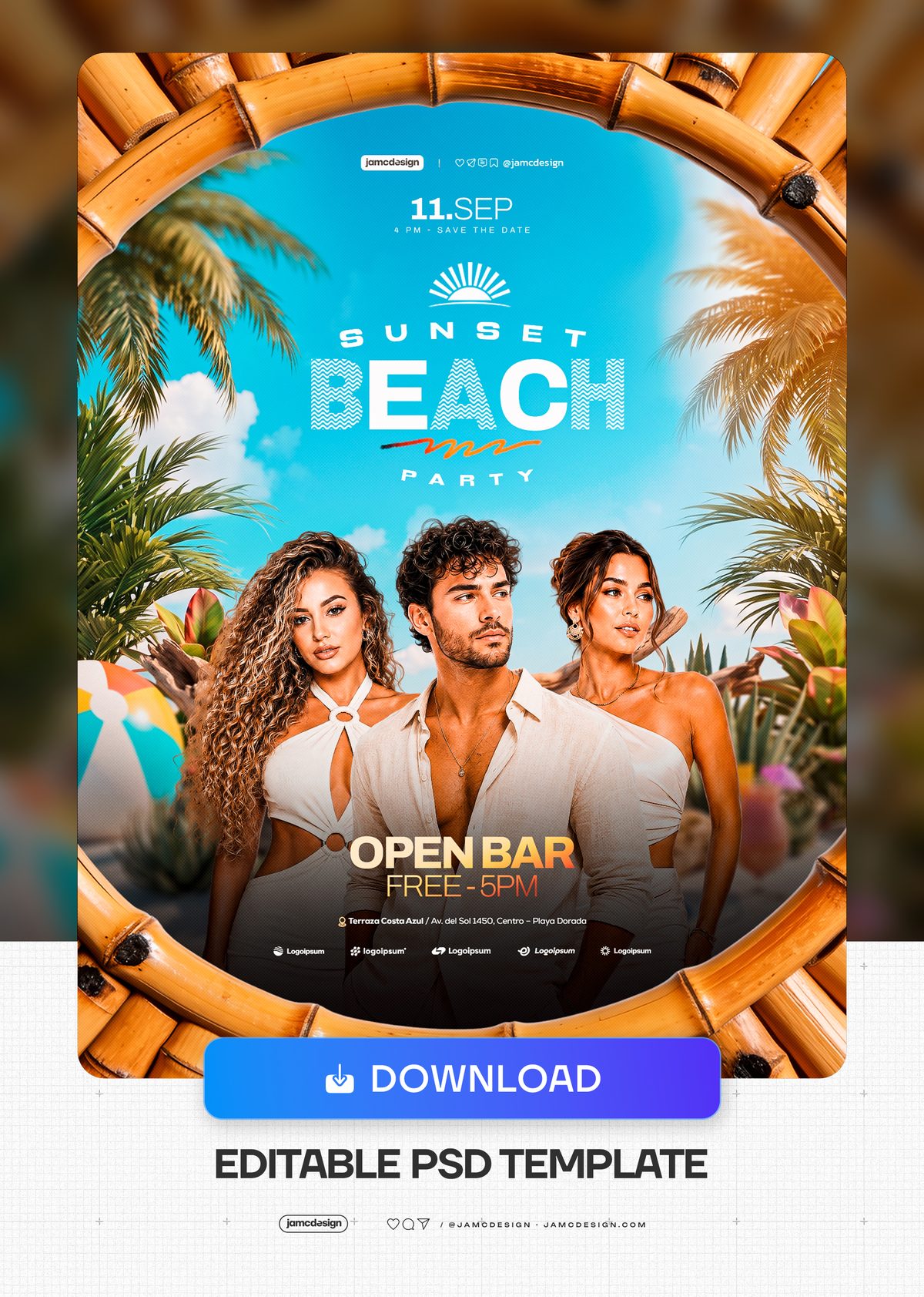 Flyer PSD Pour Fête Tropicale Sur La Plage Avec Feuilles De Palmier. Flyer d’événement tropical au coucher du soleil sur la plage au format PSD modifiable — Aperçu supplémentaire