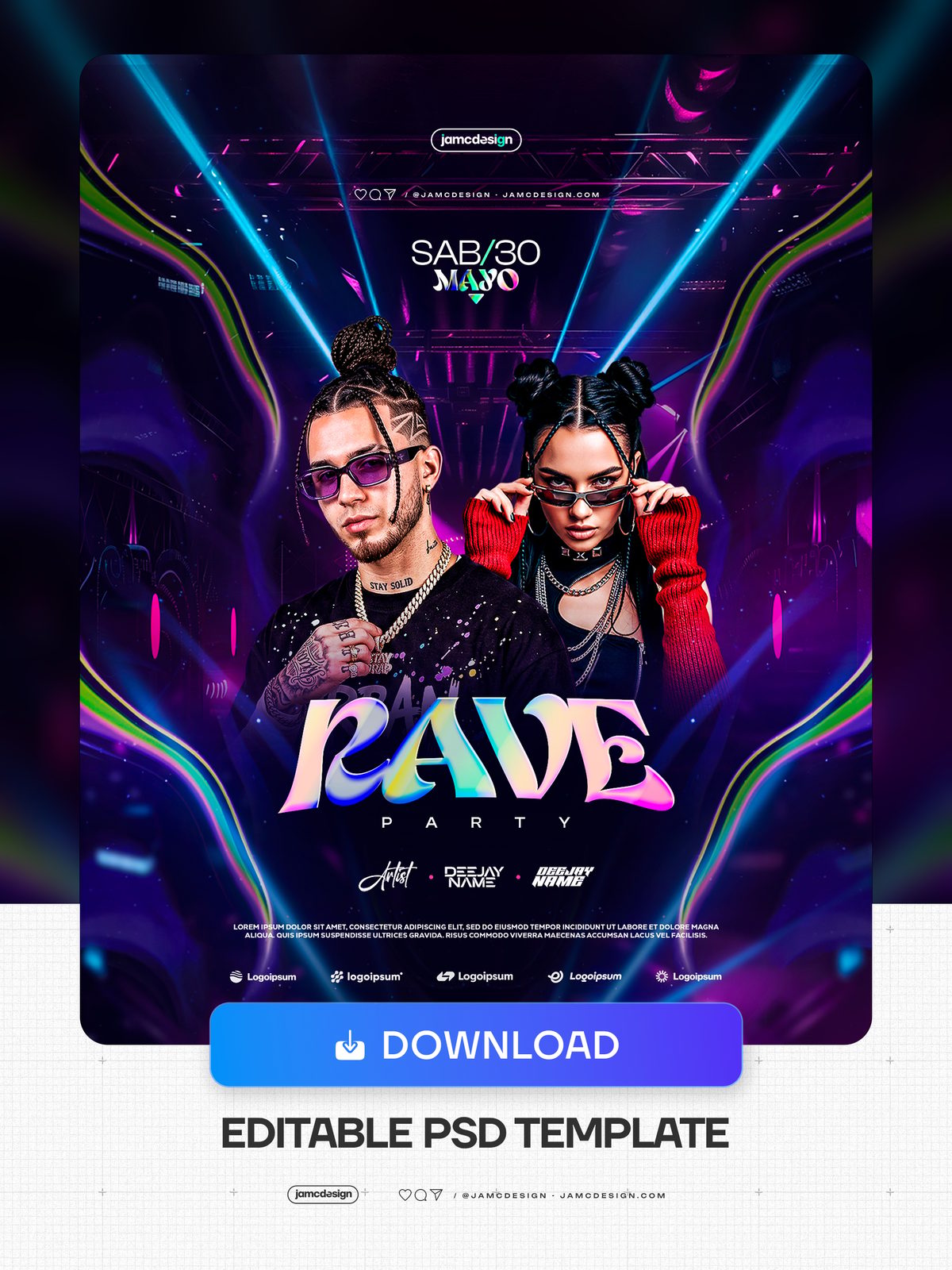 Modèle PSD De Flyer Pour Soirée Rave. Modèle PSD modifiable pour un flyer de soirée rave avec deux portraits de mannequins — Aperçu supplémentaire