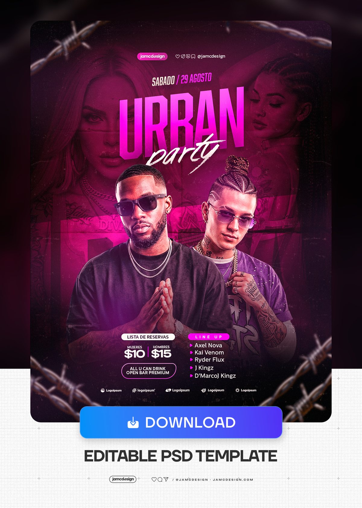 Urban Party Magenta Portraits Flyer PSD. Editable PSD event flyer template for an urban night party, featuring four fashion styled figures — Additional preview