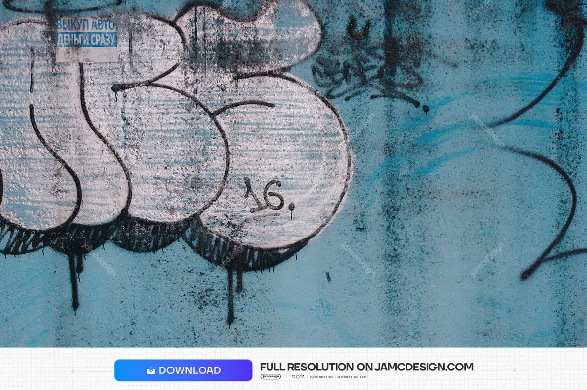 Weathered Turquoise Wall Texture With Oversized Graffiti. Download this JPG texture of an aqua blue concrete wall covered in oversized black outlined graffiti — Additional preview