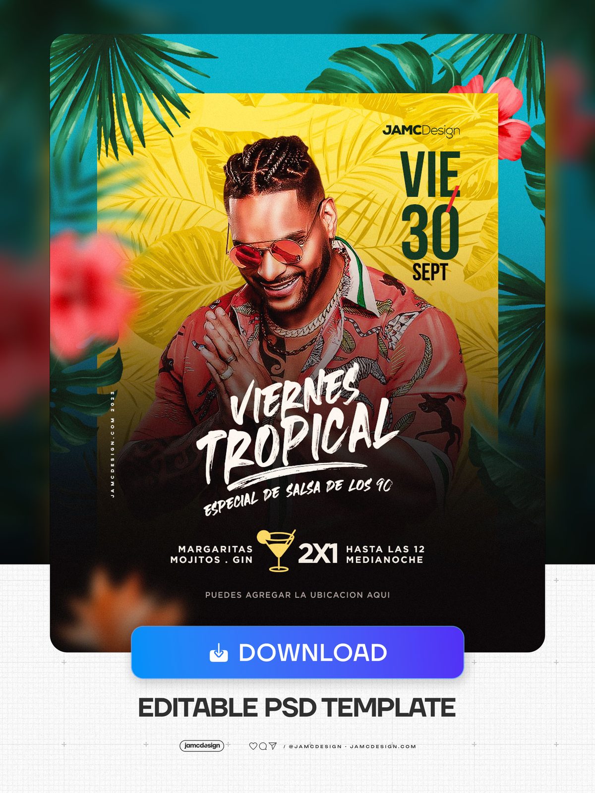 Viernes Tropical Flyer Template PSD. Editable PSD template for a Friday tropical night event flyer — Additional preview