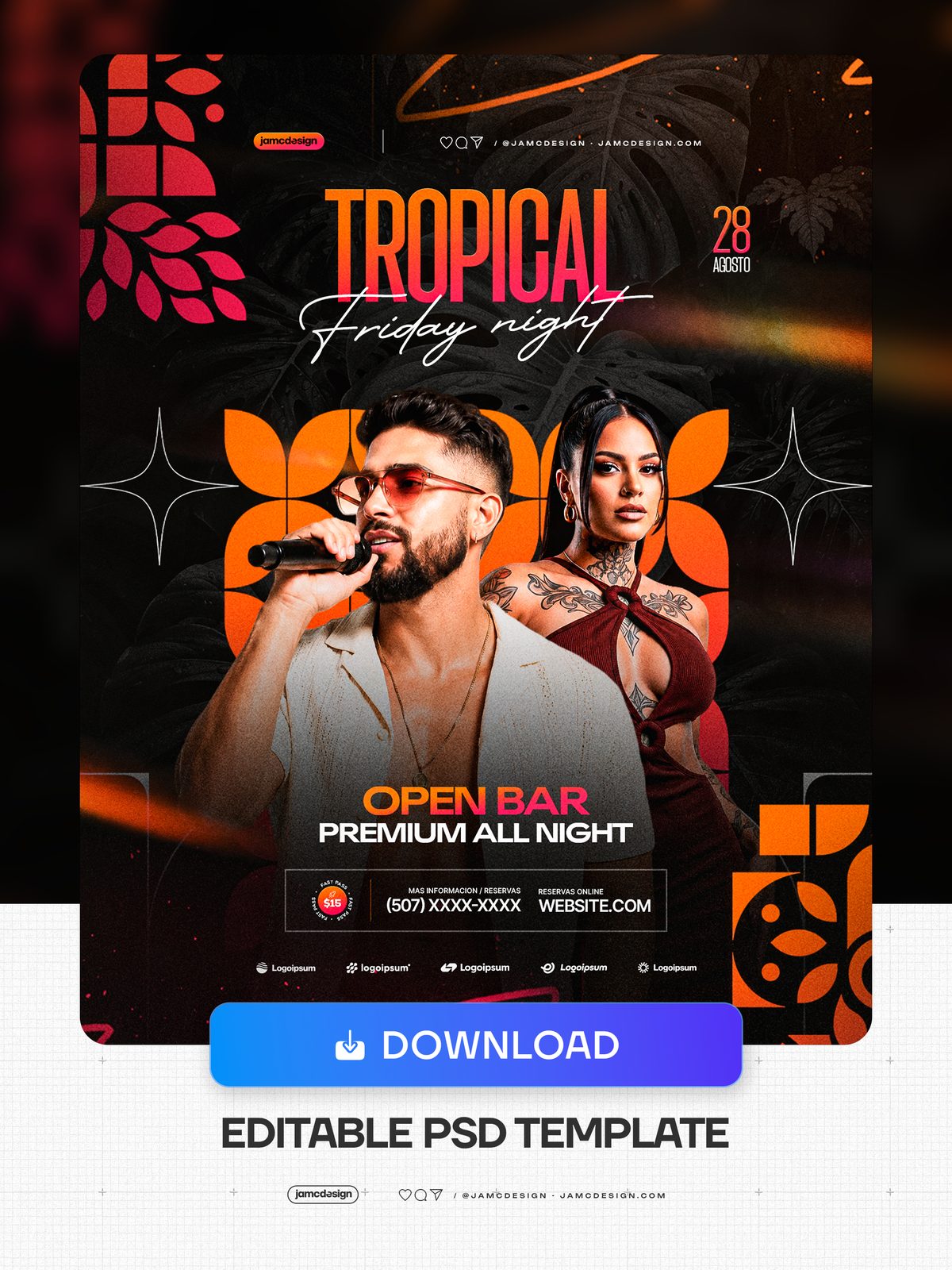 Tropical Friday Night Flyer Template PSD Editable. Editable PSD template for a tropical Friday night party flyer with a dark composition — Additional preview