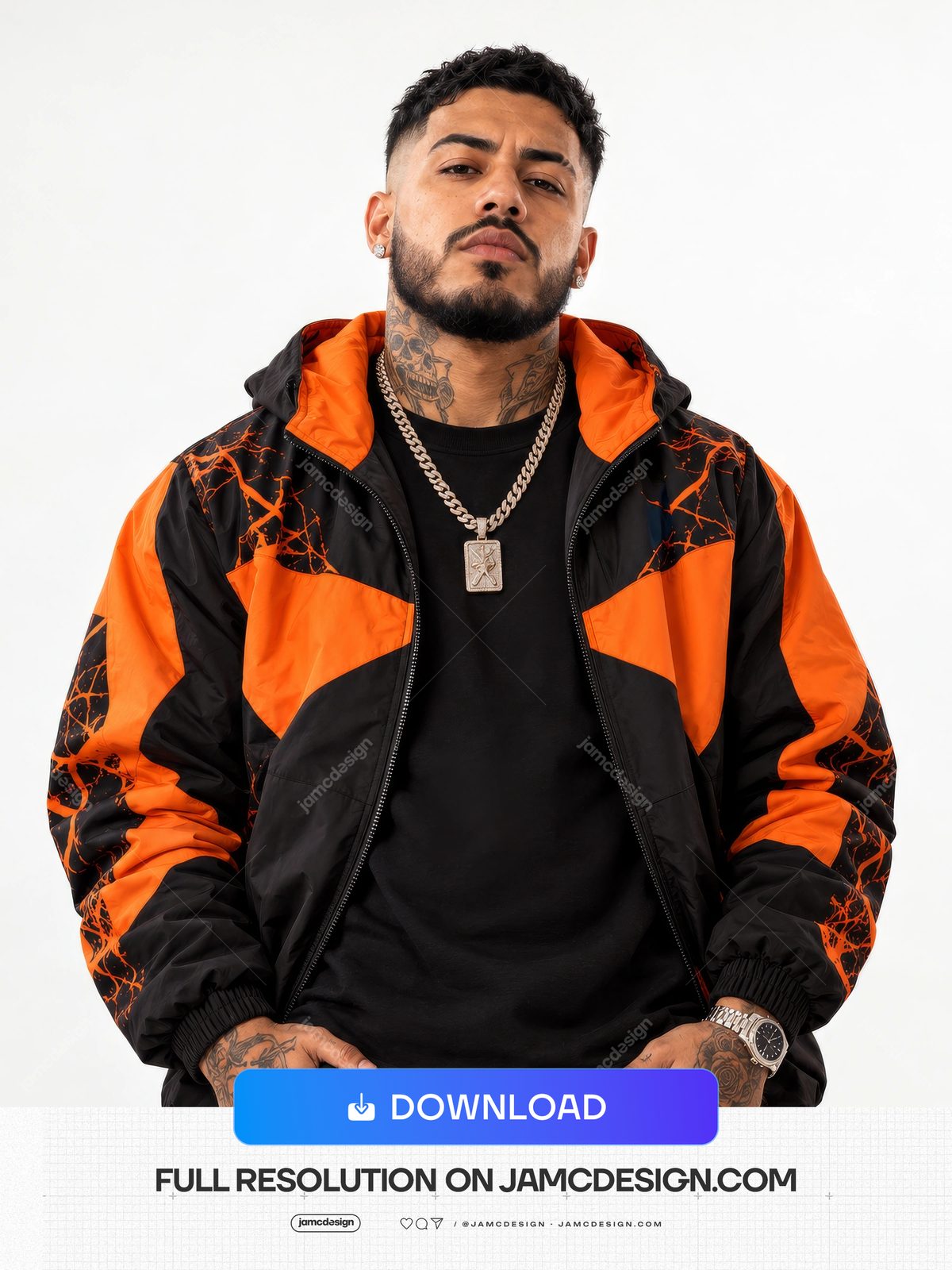 Tattooed Man In Black And Orange Jacket Portrait PNG. This PNG photo shows a tattooed male model in an orange and black jacket — Additional preview