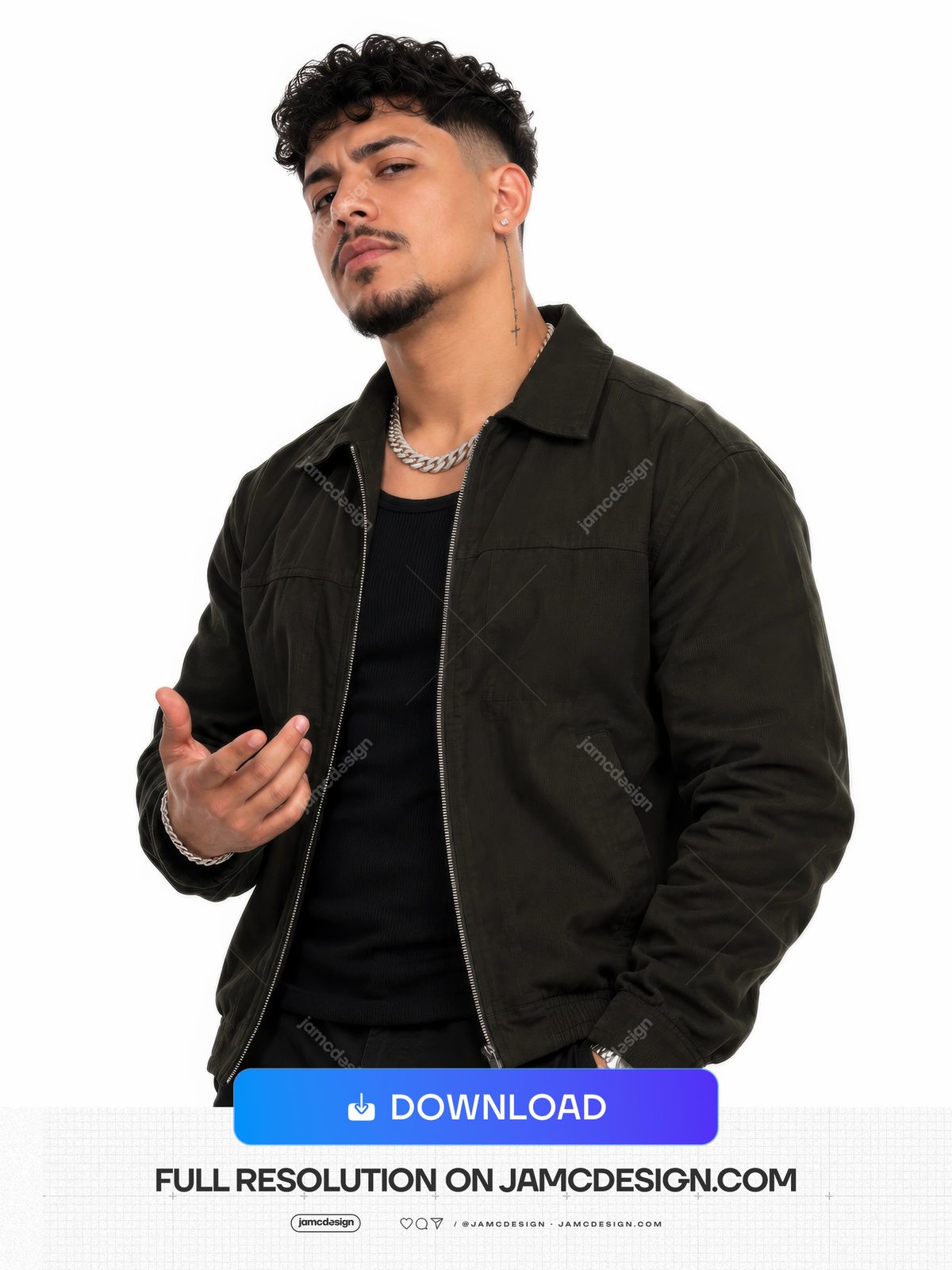 Curly-Haired Man In Black Jacket With Chain Necklace PNG. This PNG photo features a curly haired male model wearing a black jacket and chain necklace against — Additional preview