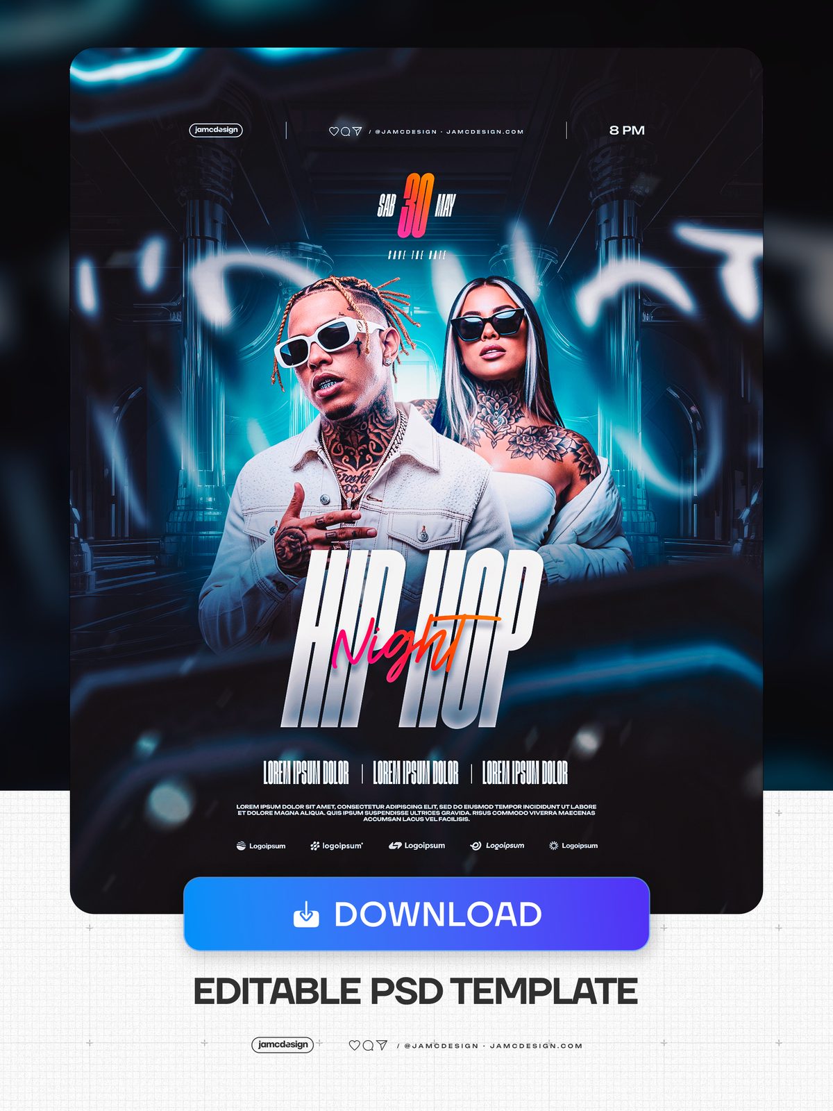 Hip Hop Night Flyer Template PSD Editable. Editable PSD flyer template for a hip hop night event, featuring a tattooed man and woman in sunglasses against — Additional preview