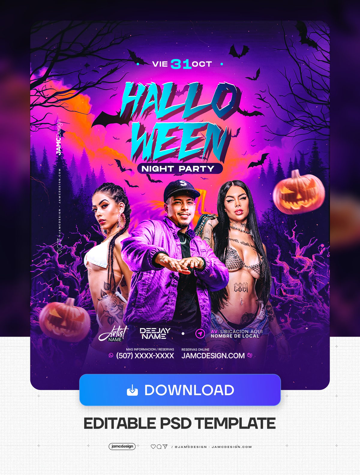 Halloween Night Party Flyer Template PSD. Editable PSD template for a Halloween night party flyer with a purple and magenta neon palette — Additional preview