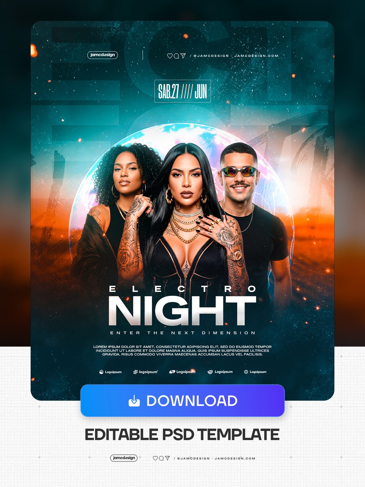 Electro Night Flyer Template PSD Editable. Editable PSD template for an electro night event flyer, featuring a teal and orange palette, three models — Additional preview